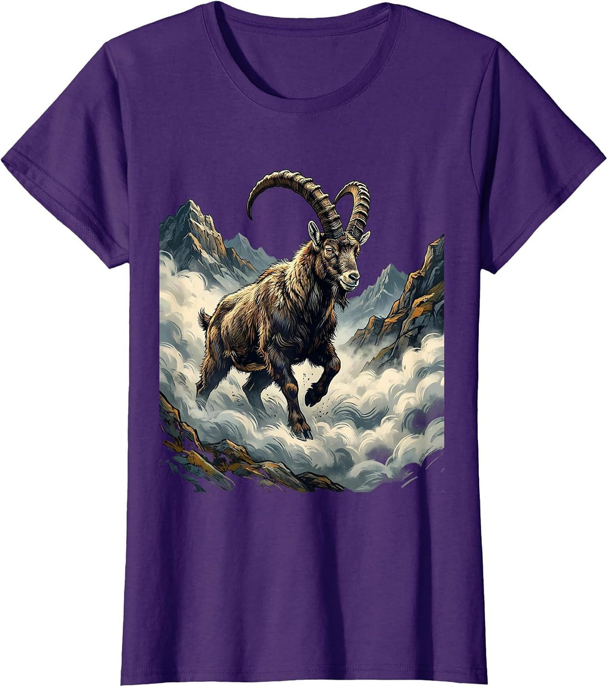 Goat Emerging From Mountain Fog Illustration T-Shirt - Purple