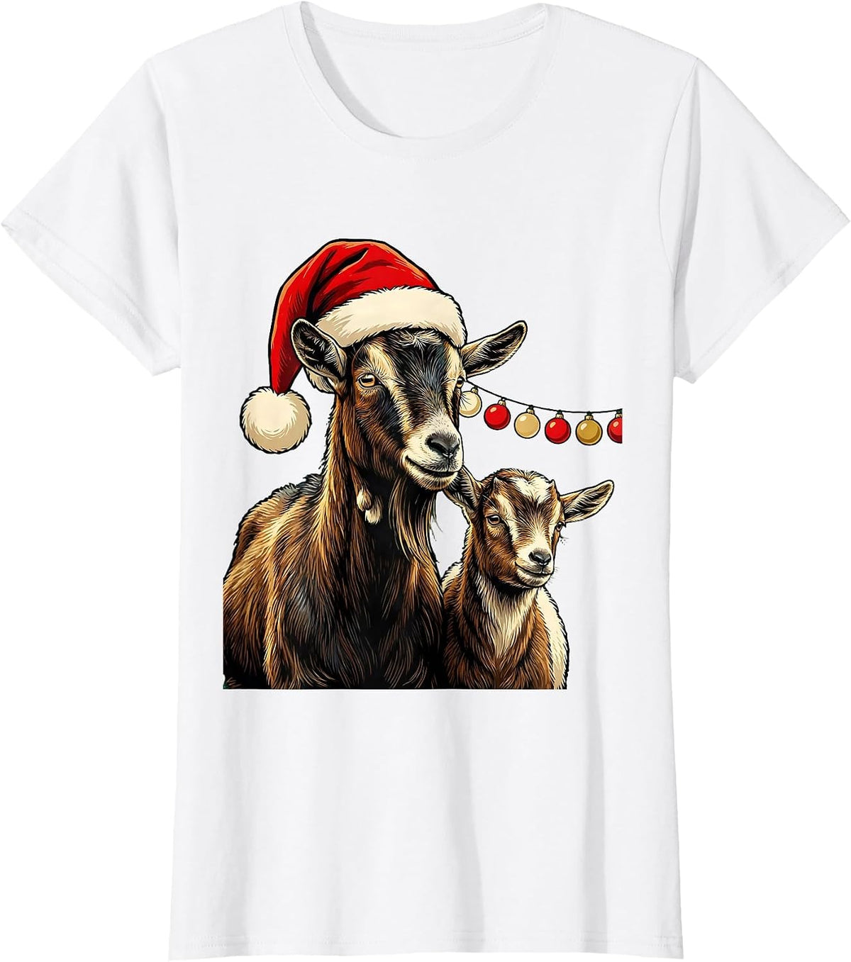 Goat Santa Hat Farm Animal Christmas Lights Novelty T-Shirt - White