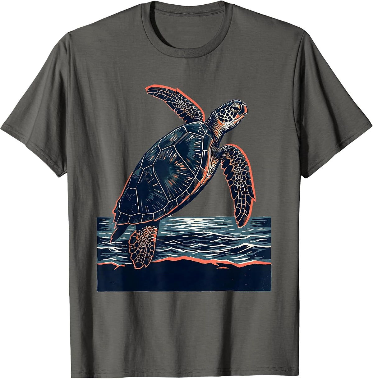 Sea Turtle Linocut Beach Souvenir Vacation T-Shirt - Asphalt Grey