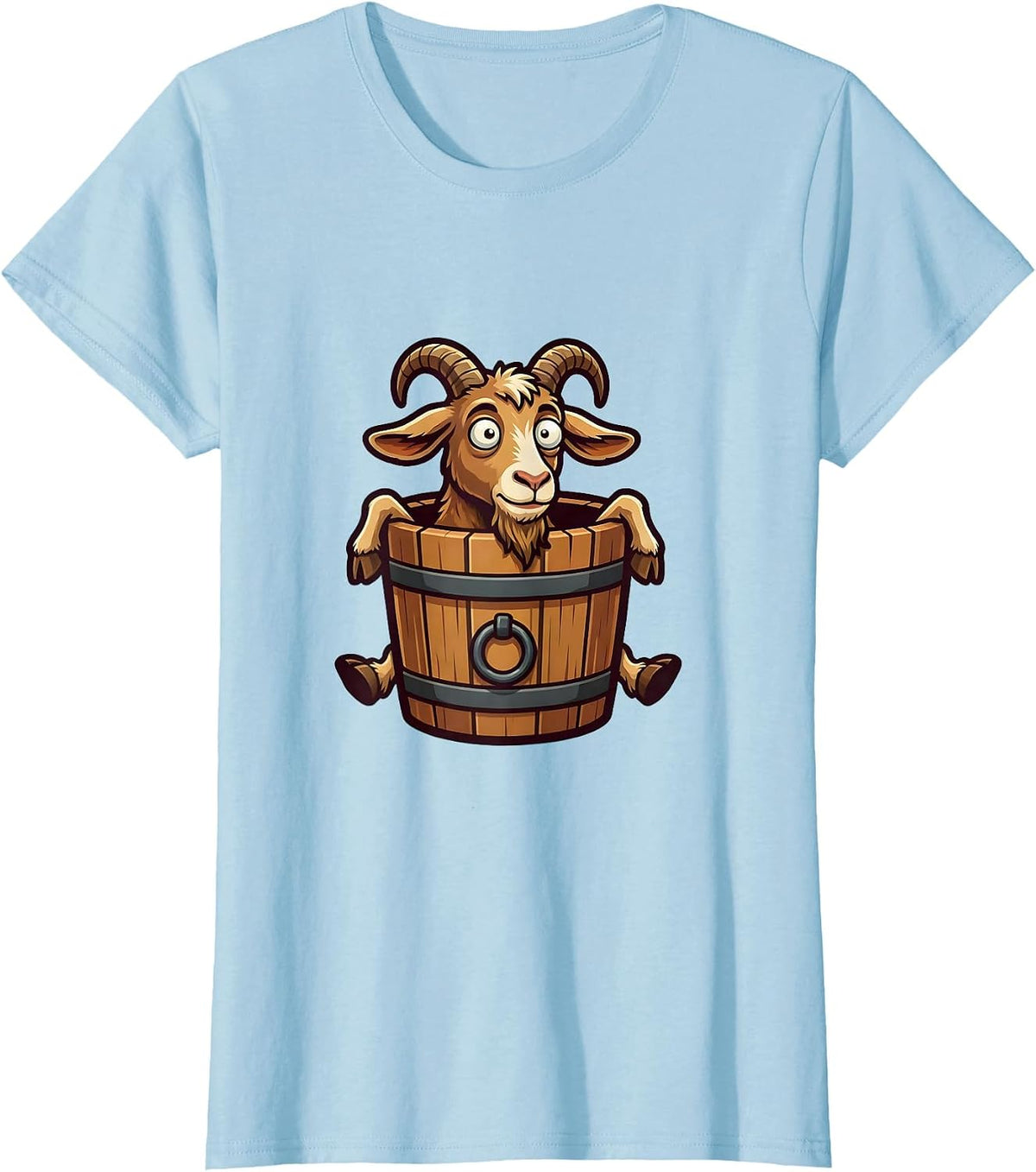 Women's Derpy Goat Stuck in a Bucket Funny Illustration T-Shirt - Baby Blue