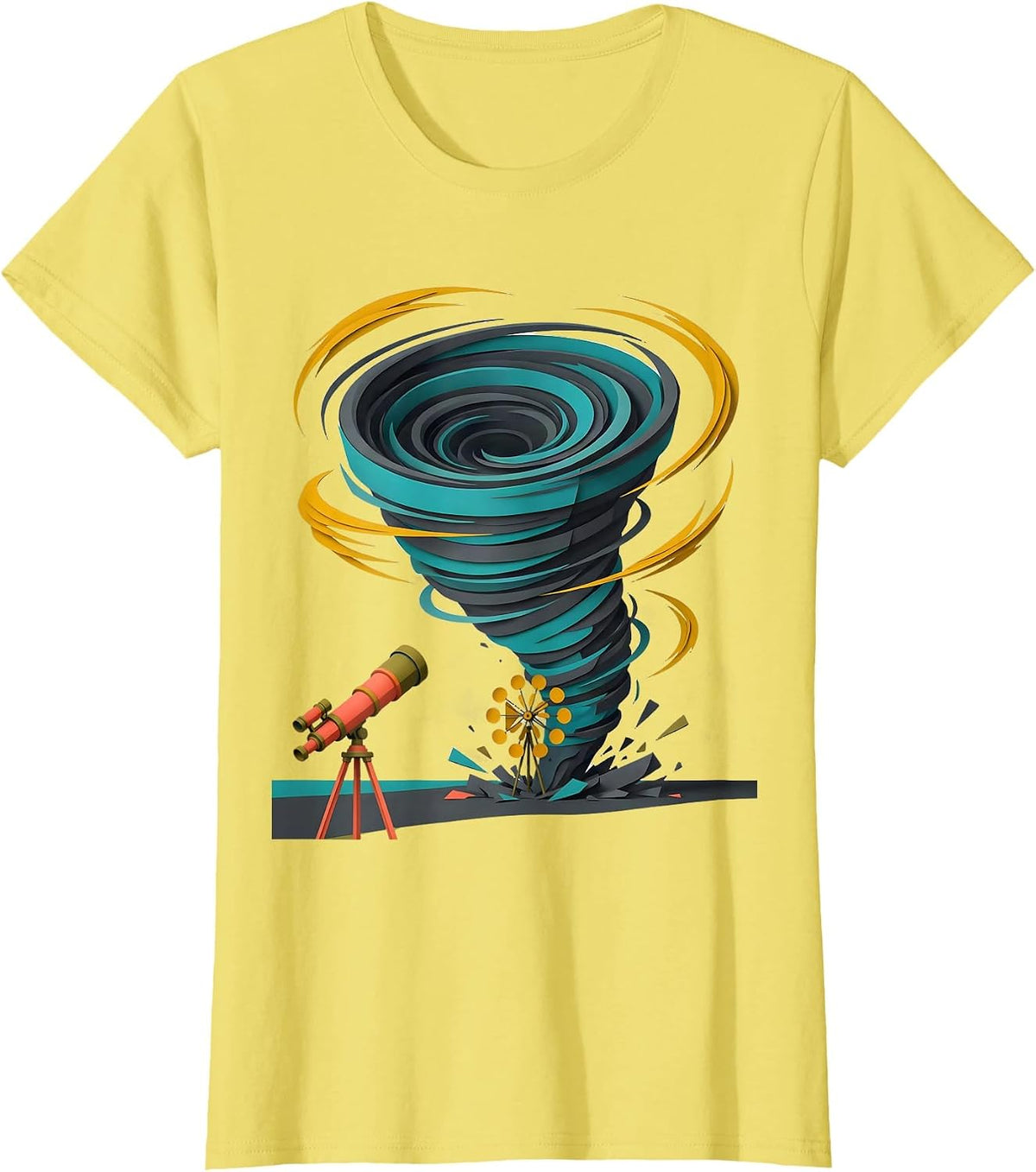 Women's Buoyant Tornado Funnel Midcentury Modern Meteorology Humor T-Shirt - Lemon Yellow