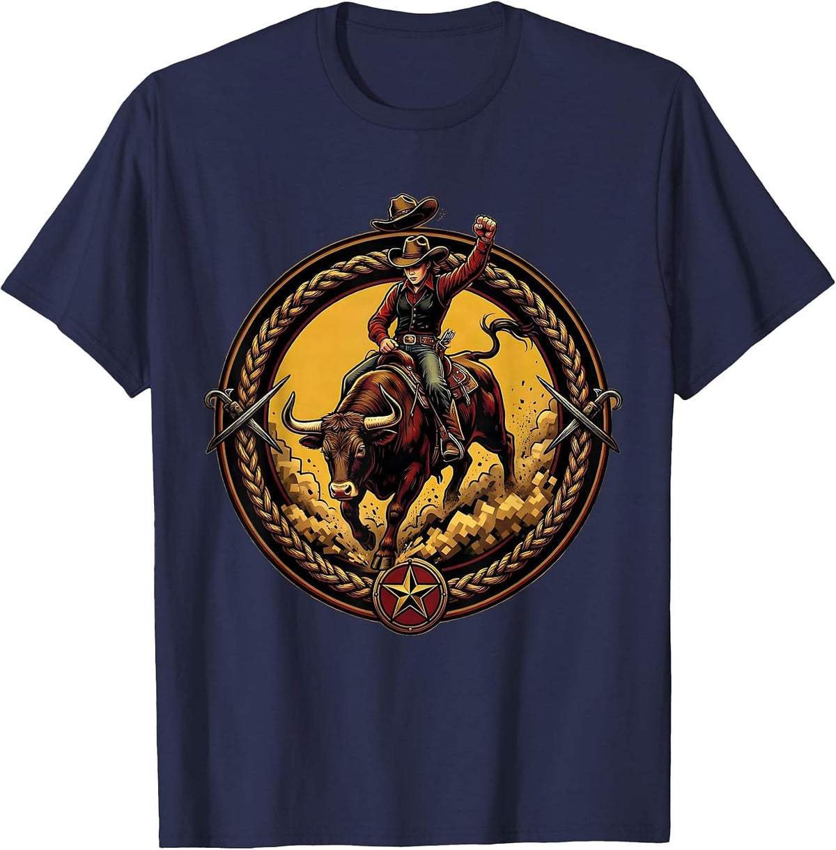 Cowgirl Riding Bull Dusty Rodeo Arena Graphic T-Shirt - Navy Blue