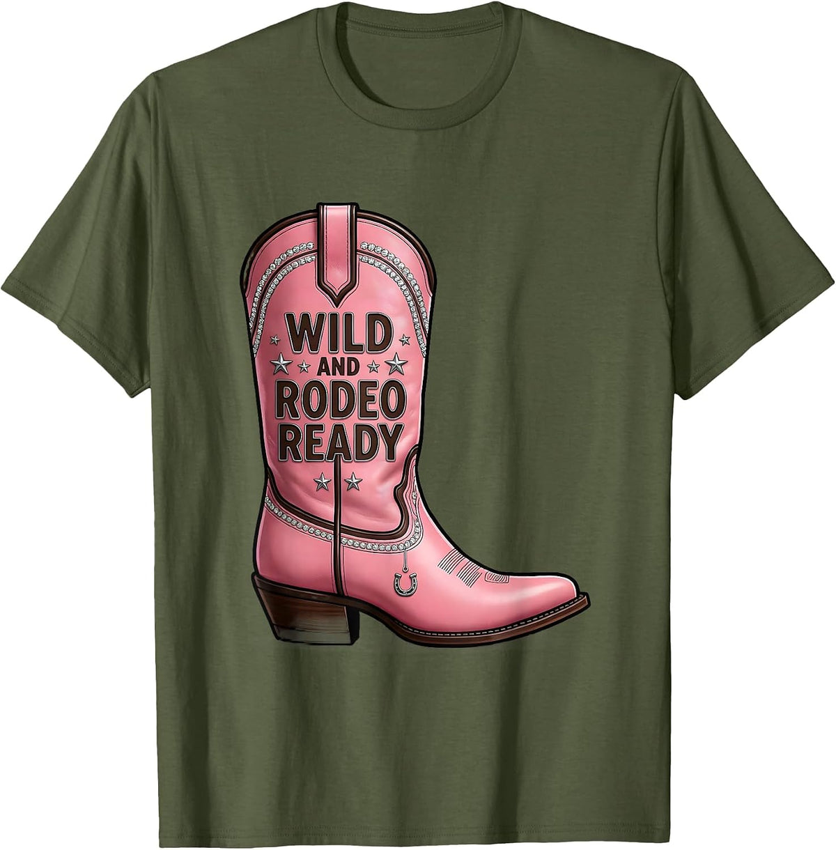 Men's Wild and Rodeo Ready Cowgirl Design T-Shirt - Olive Green