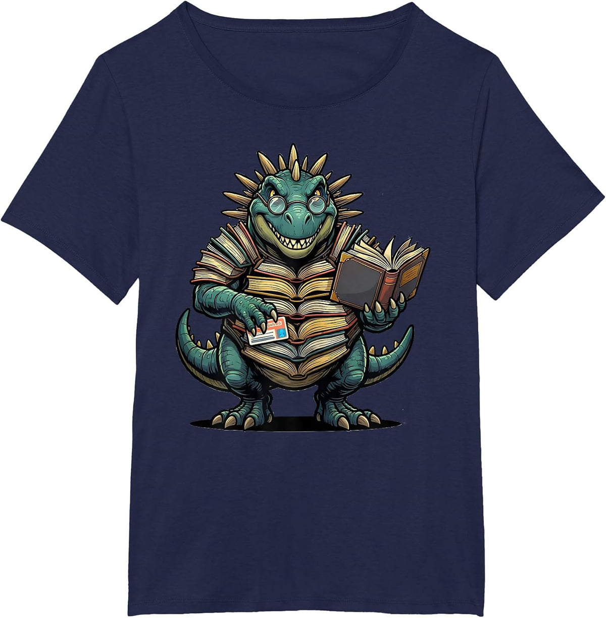 Women's Dinosaur Reading Teacher Librarian Bookworm Humor T-Shirt - Navy Blue