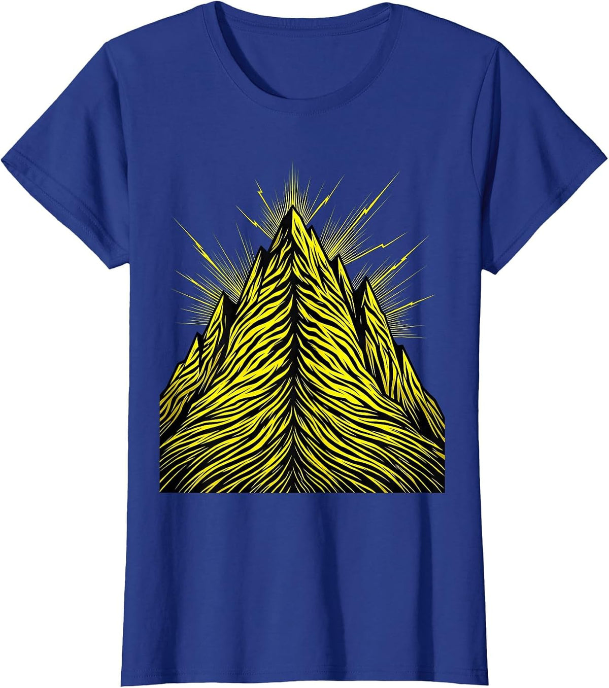Women's Black and Yellow Lightning Storm Mountain Graphic T-Shirt - Royal Blue