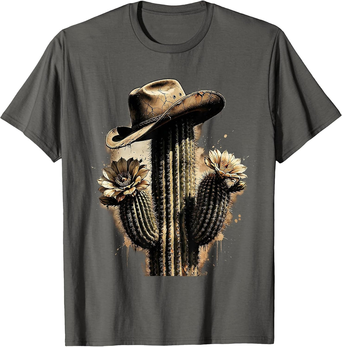 Cowgirl Hat Blooming Cactus Western Illustration T-Shirt - Asphalt Grey