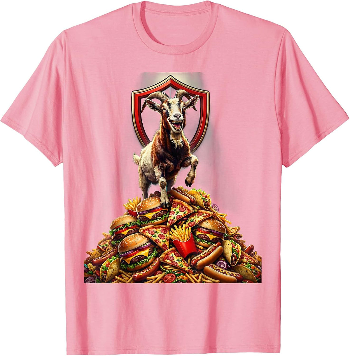 Men's Goat on Fast Food Mountain Funny Humor Graphic T-Shirt - Pink