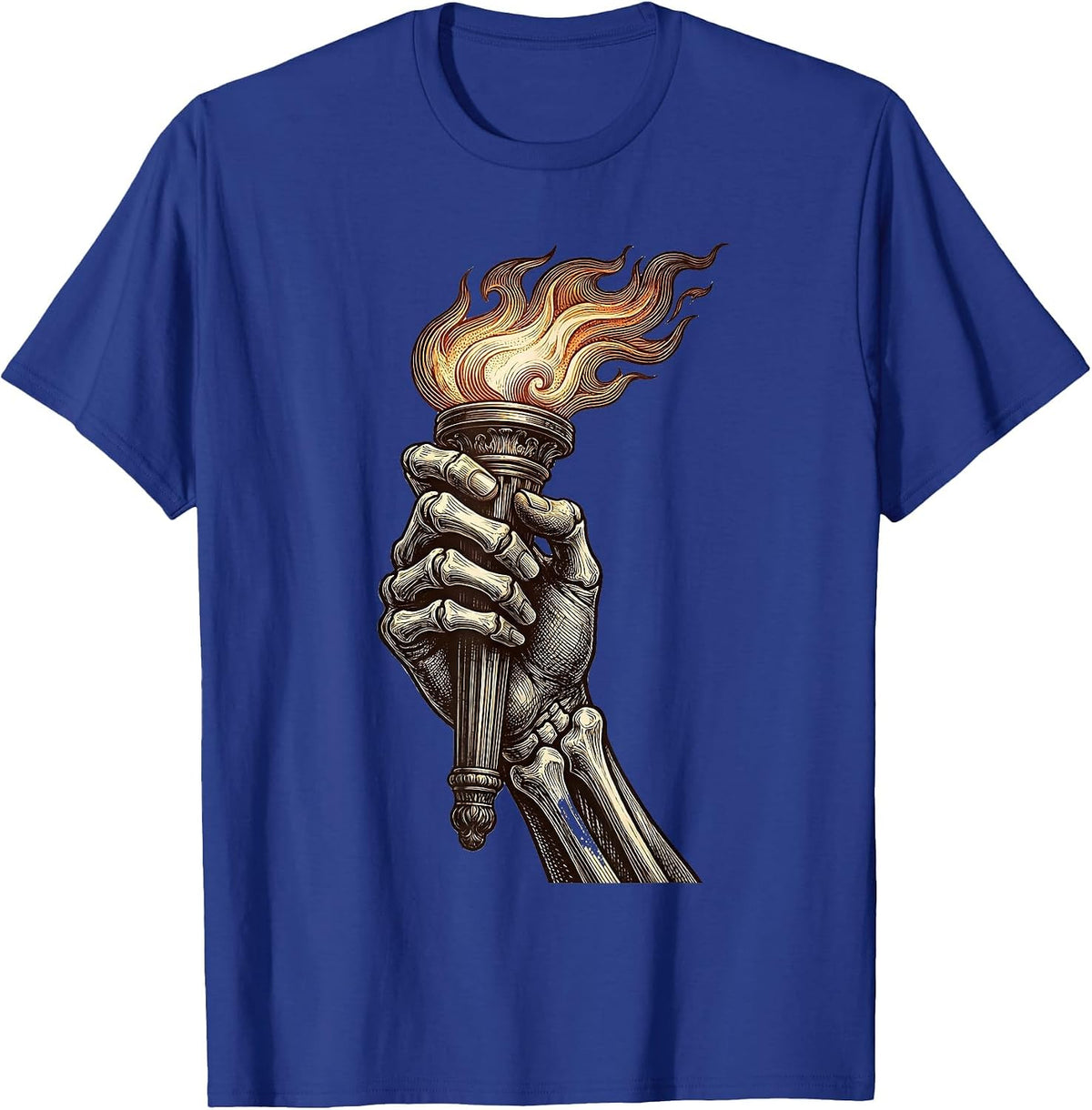Skeleton Hand Flaming Torch Graphic Design T-Shirt - Royal Blue