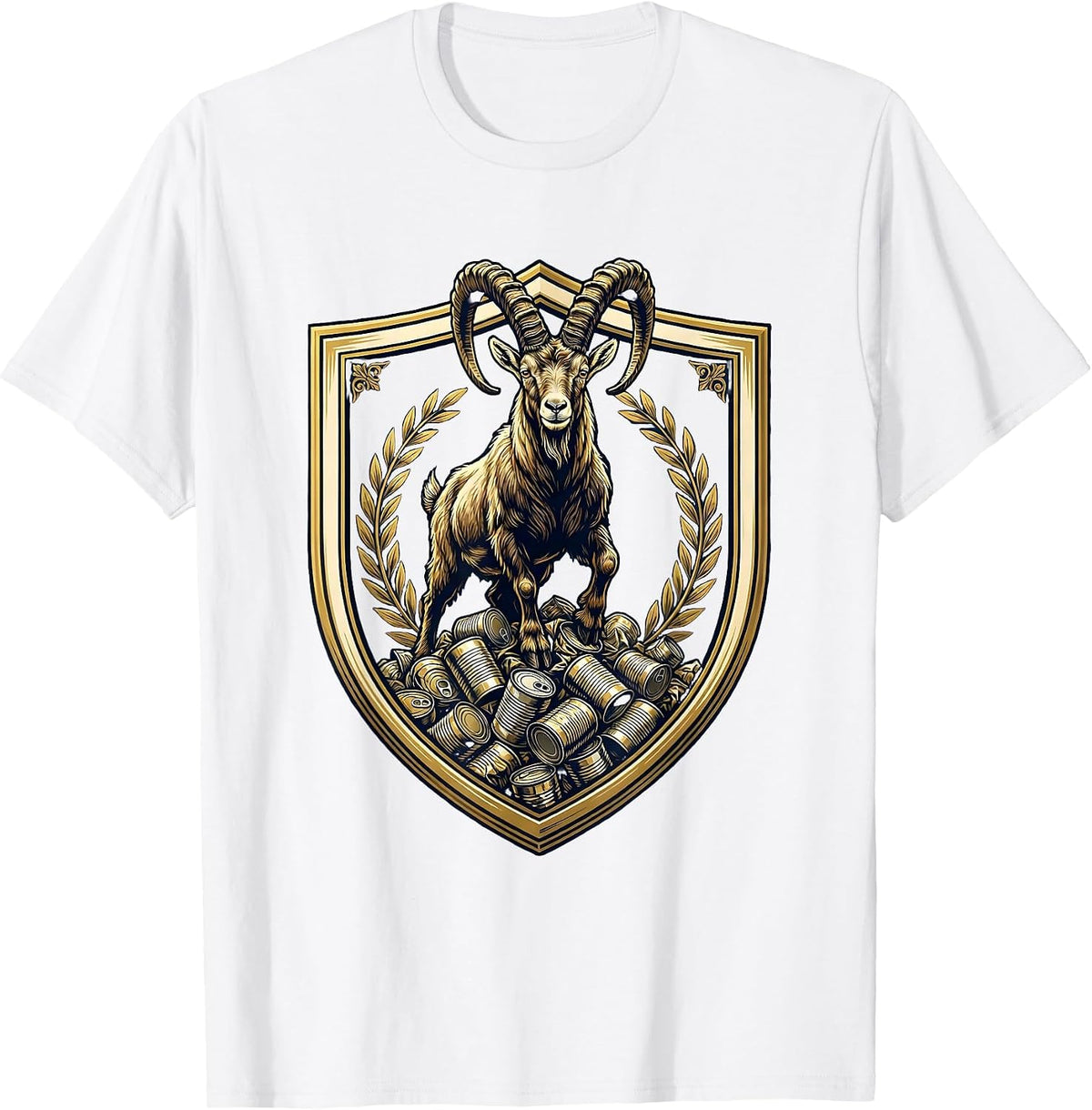 Men's Goat Standing on Crushed Tin Cans Illustration T-Shirt - White