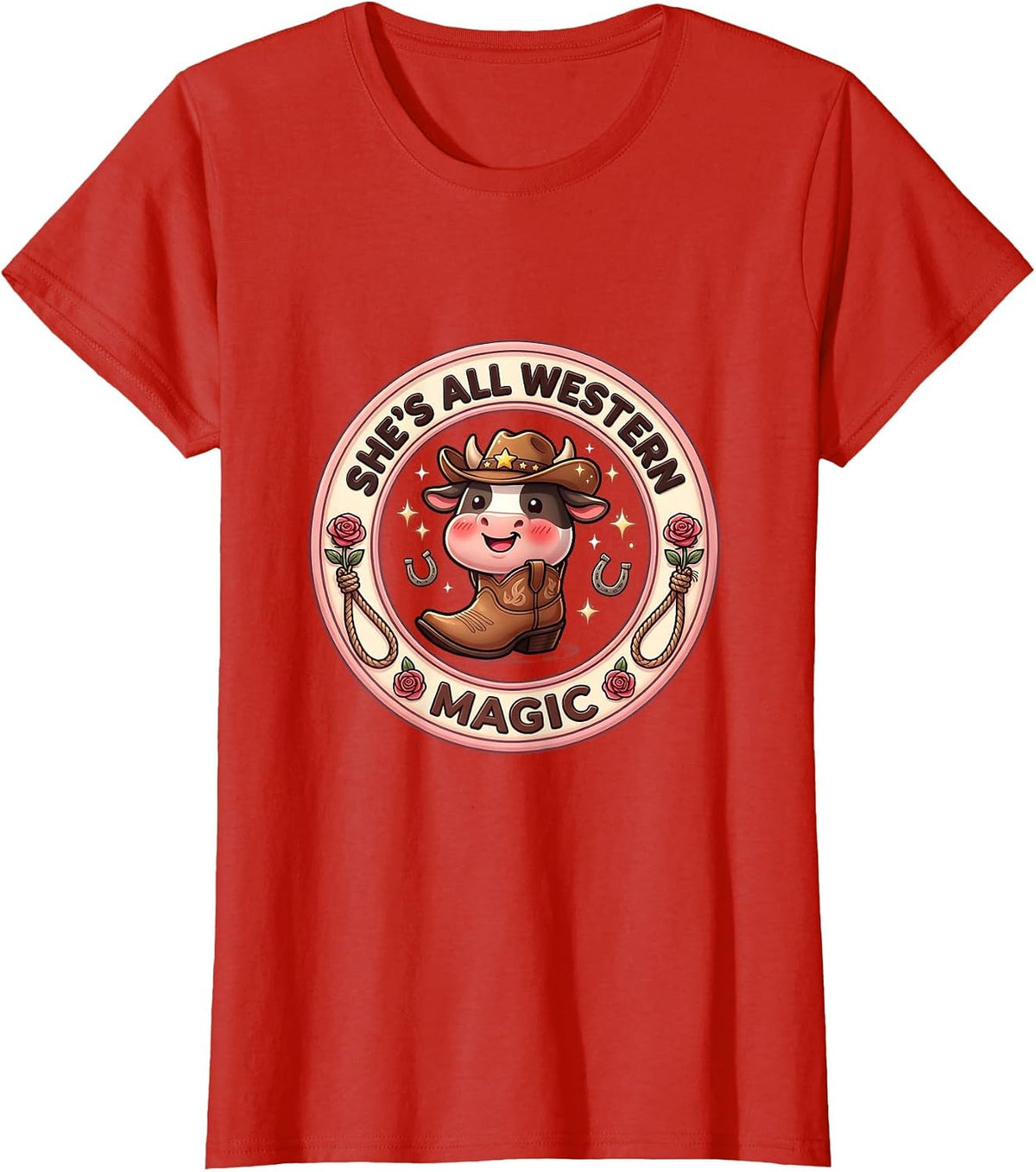 She's All Western Magic Women's Boho Cowgirl Design T-Shirt - Red