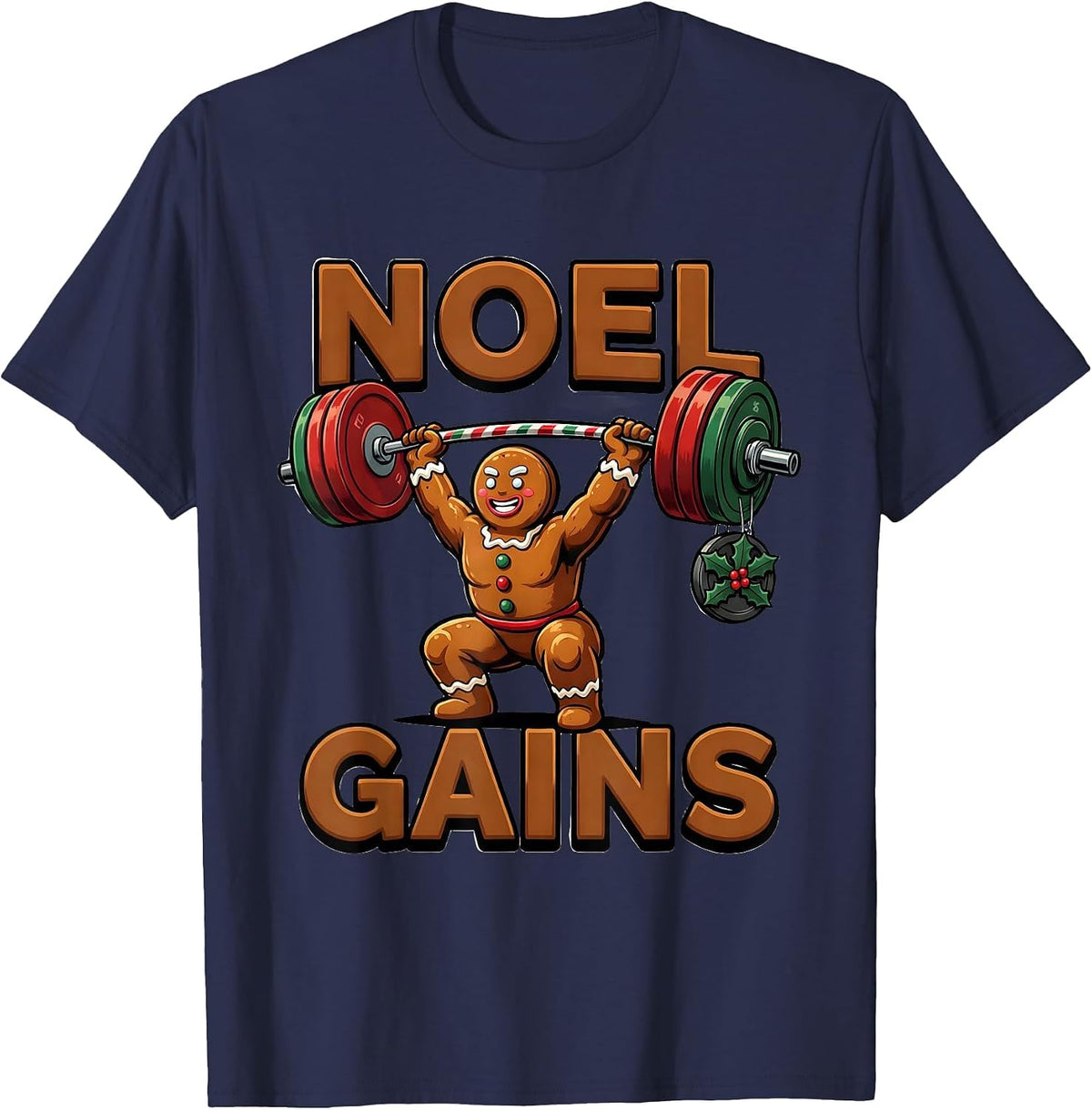 Men's Noel Gains Funny Gingerbread Man Gym Weightlifting Christmas T-Shirt - Navy Blue