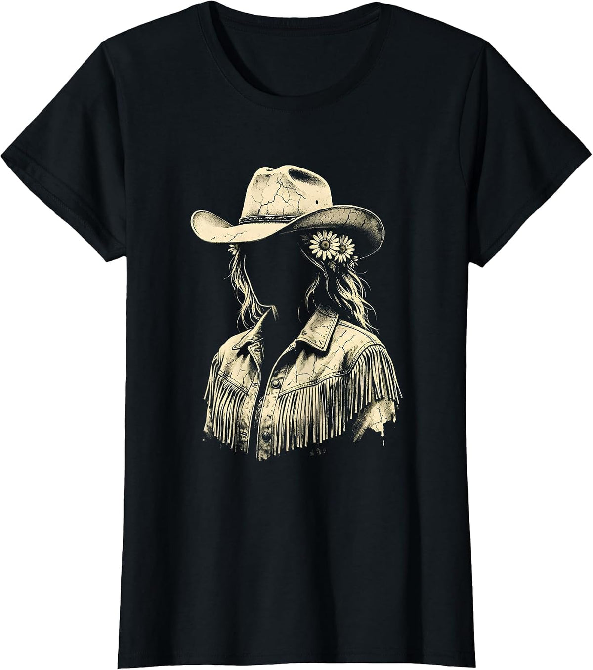 Western Girl Fringe Jacket Daisy Crown Illustration T-Shirt - Black