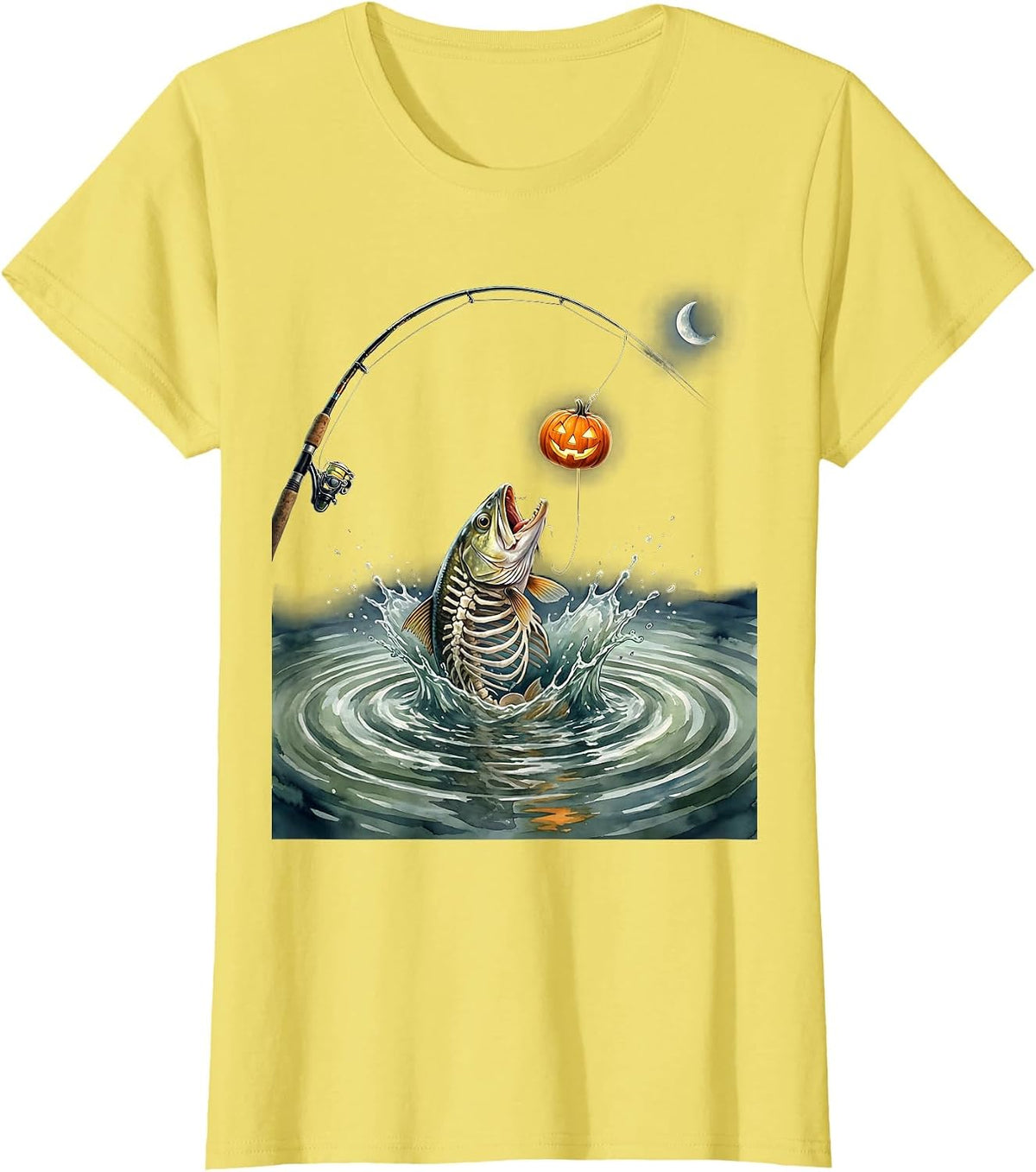 Skeletal Trout Watercolor Halloween Fishing Angler Gift T-Shirt - Lemon Yellow