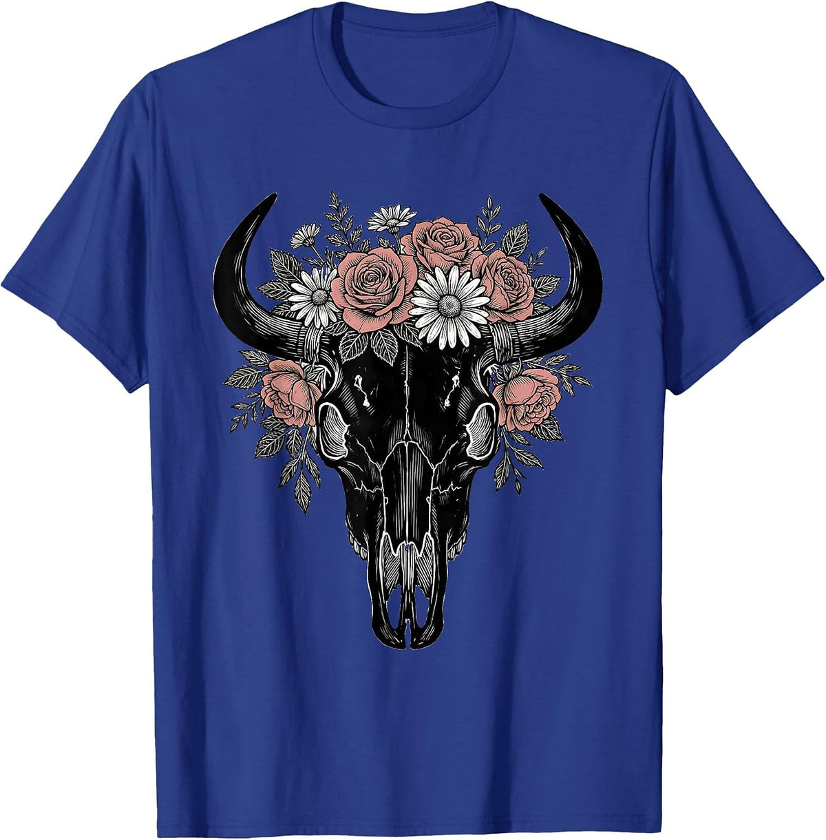 Men's Longhorn Skull Flower Crown Boho Western Graphic T-Shirt - Royal Blue