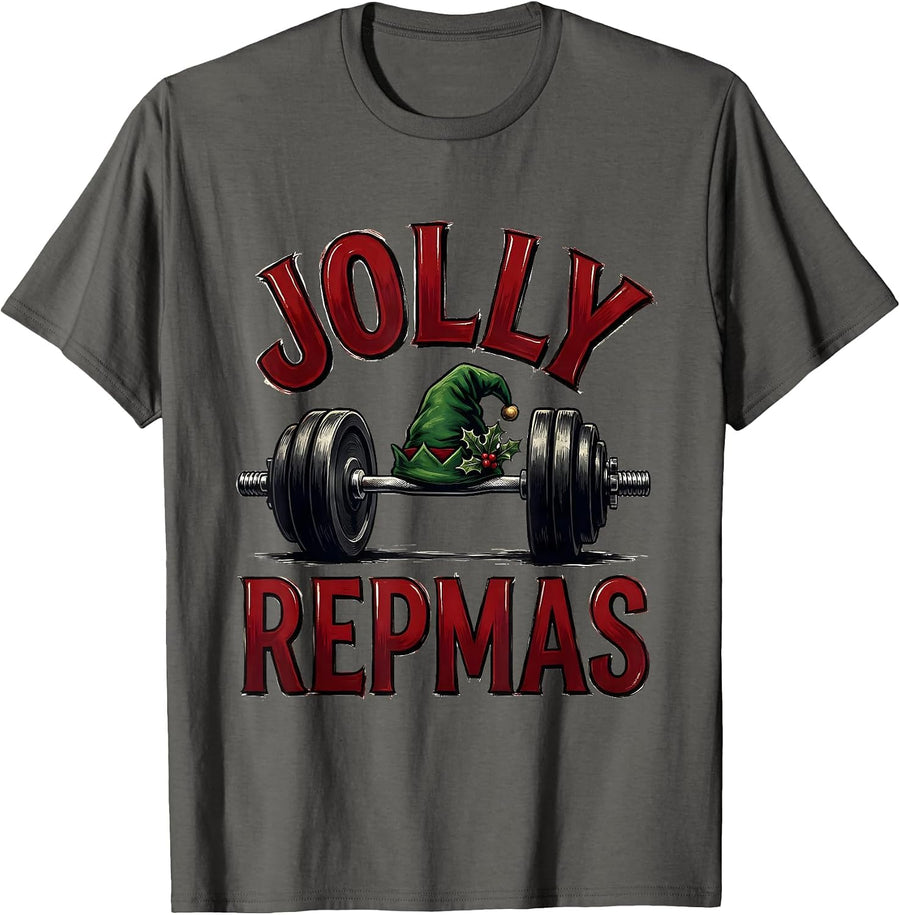 Jolly Repmas Funny Christmas Gym Weightlifting Workout Gift T-Shirt - Asphalt Grey