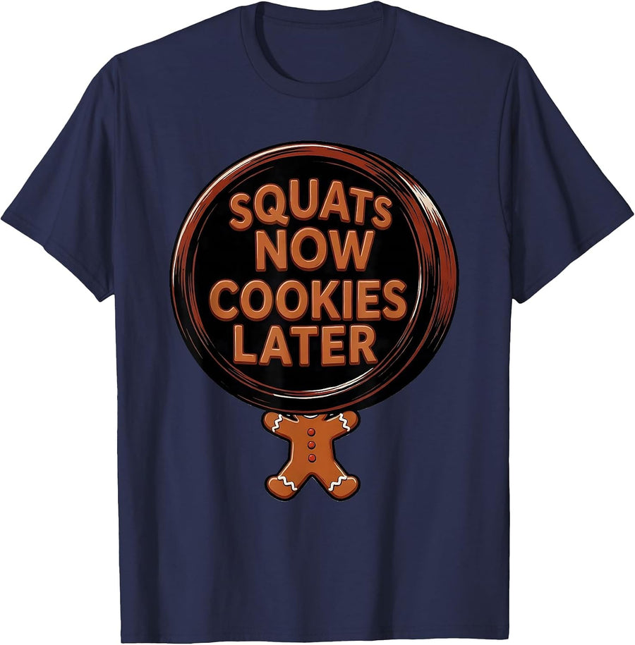Squats Now, Cookies Later Funny Gingerbread Man Gym T-Shirt - Navy Blue