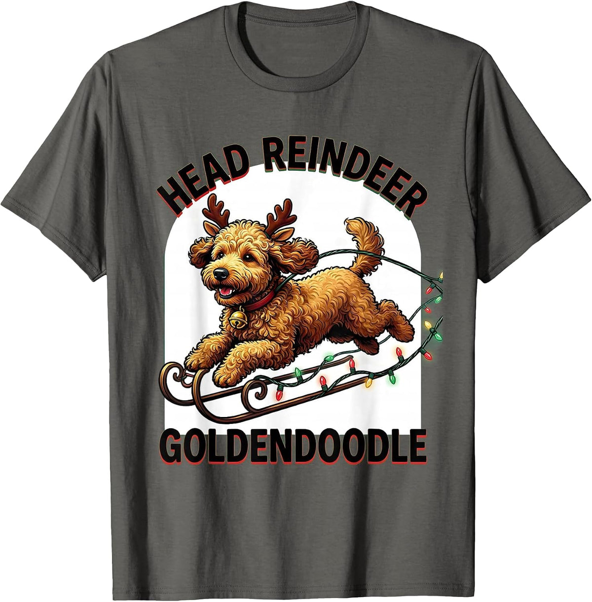 Head Reindeer Goldendoodle Funny Dog Breed Christmas Lights T-Shirt - Asphalt Grey