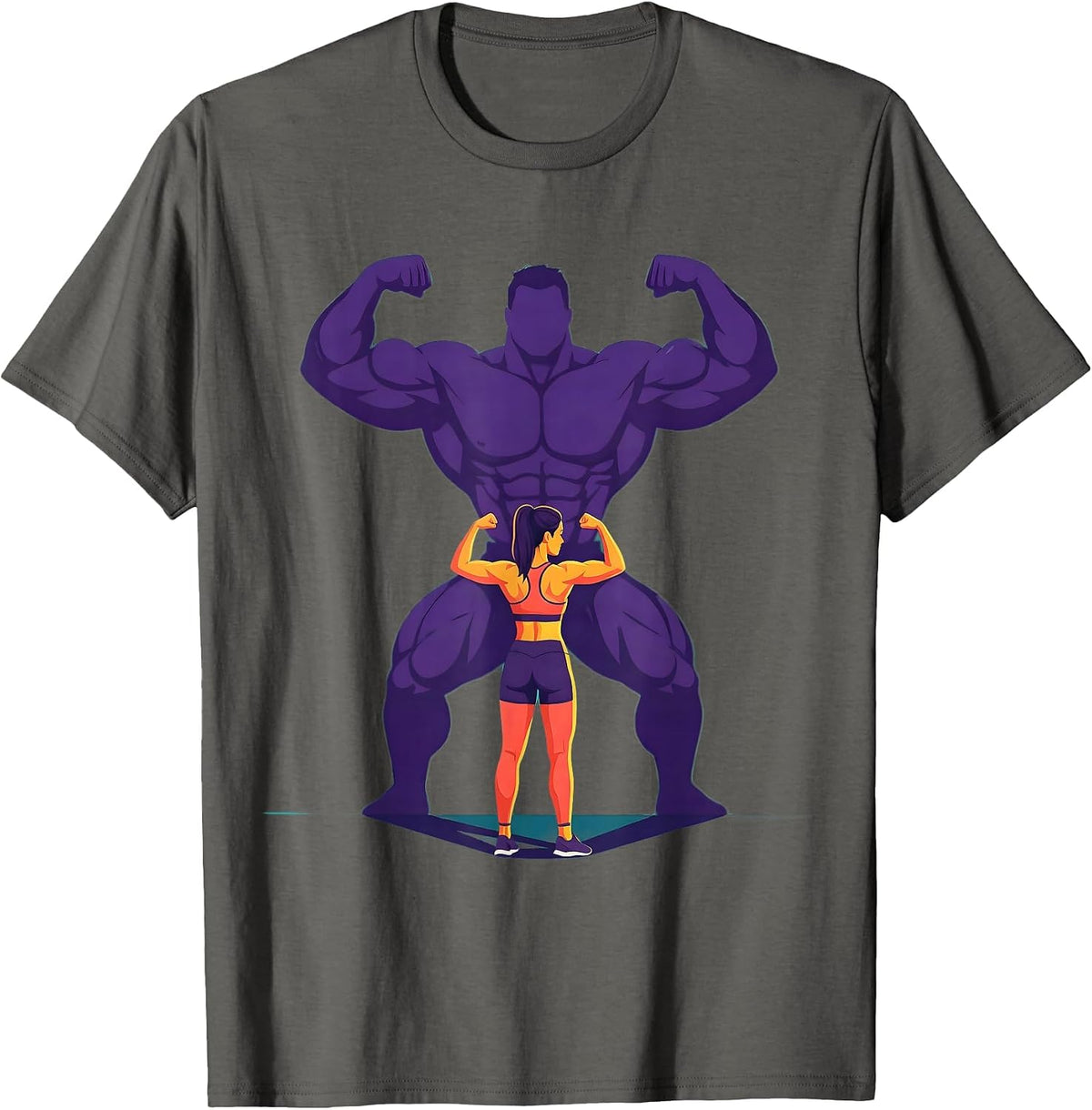 Funny Gym Flexing Mirror Muscle Shadow Graphic T-Shirt - Asphalt Grey