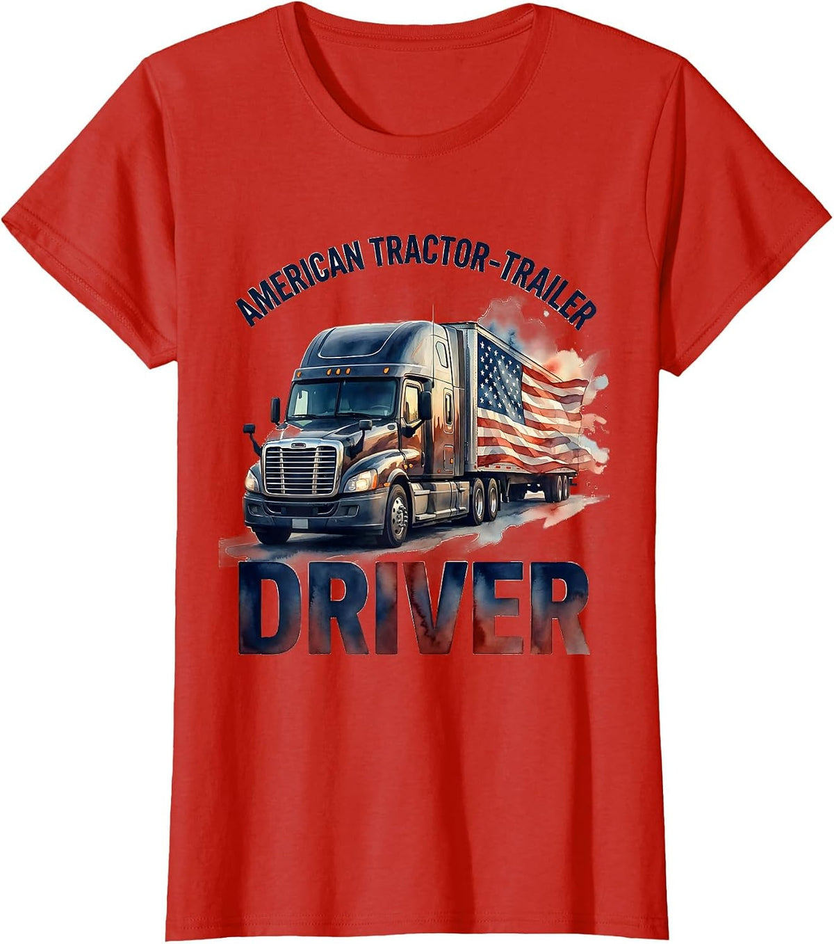 American Tractor-Trailer Driver Watercolor Patriotic Trucker T-Shirt - Red