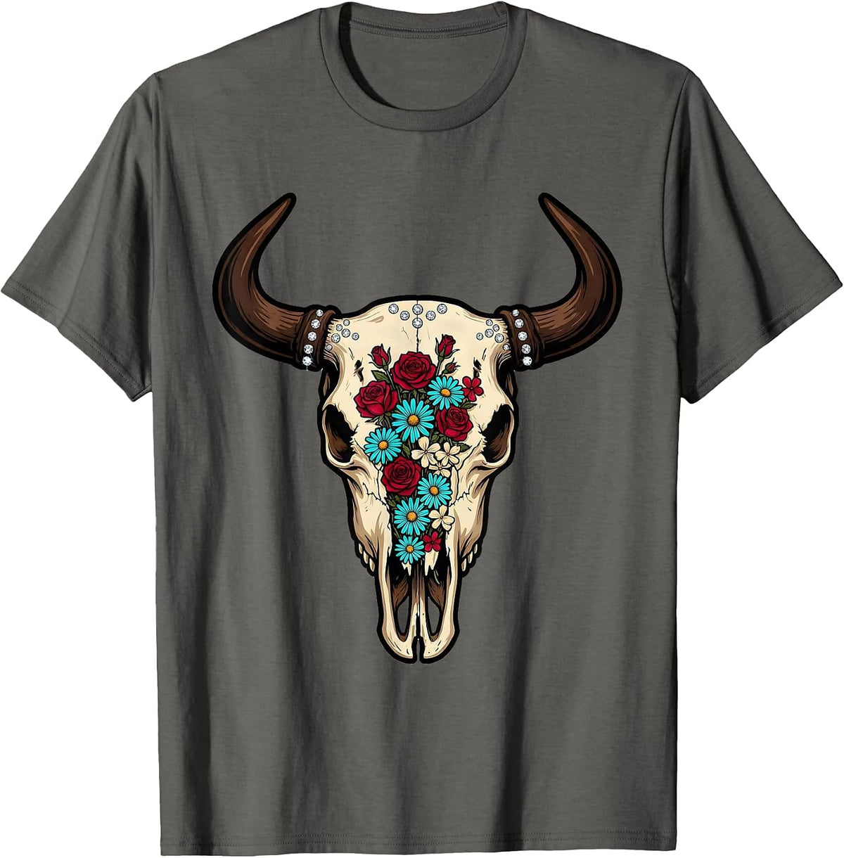 Men's Bull Skull Wildflowers Boho Western Floral Illustration T-Shirt - Asphalt Grey