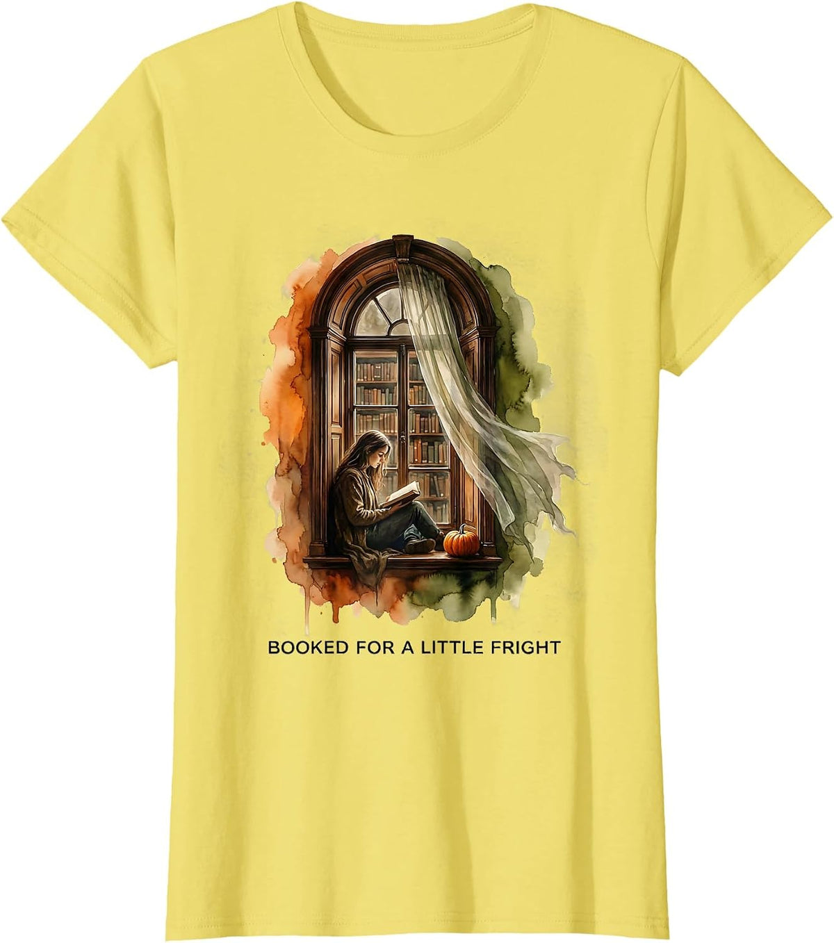 Women's Booked For A Little Fright Watercolor Halloween Bookworm T-Shirt - Lemon Yellow