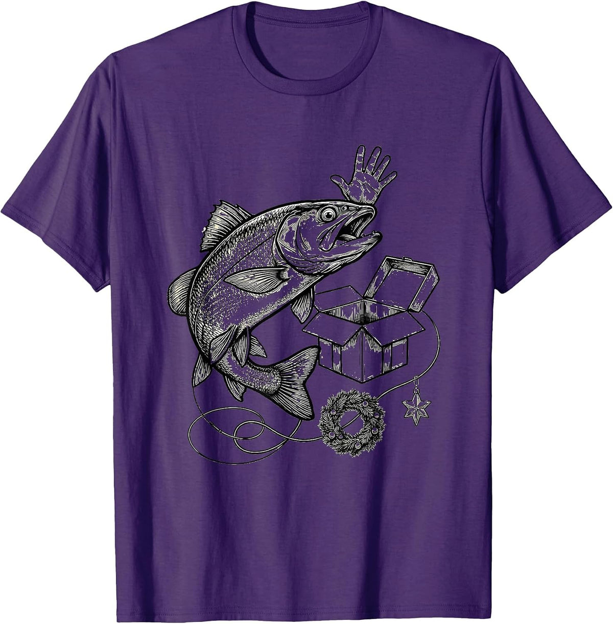 Men's Cheerful Trout Gift Box Christmas Fishing Humor T-Shirt - Purple