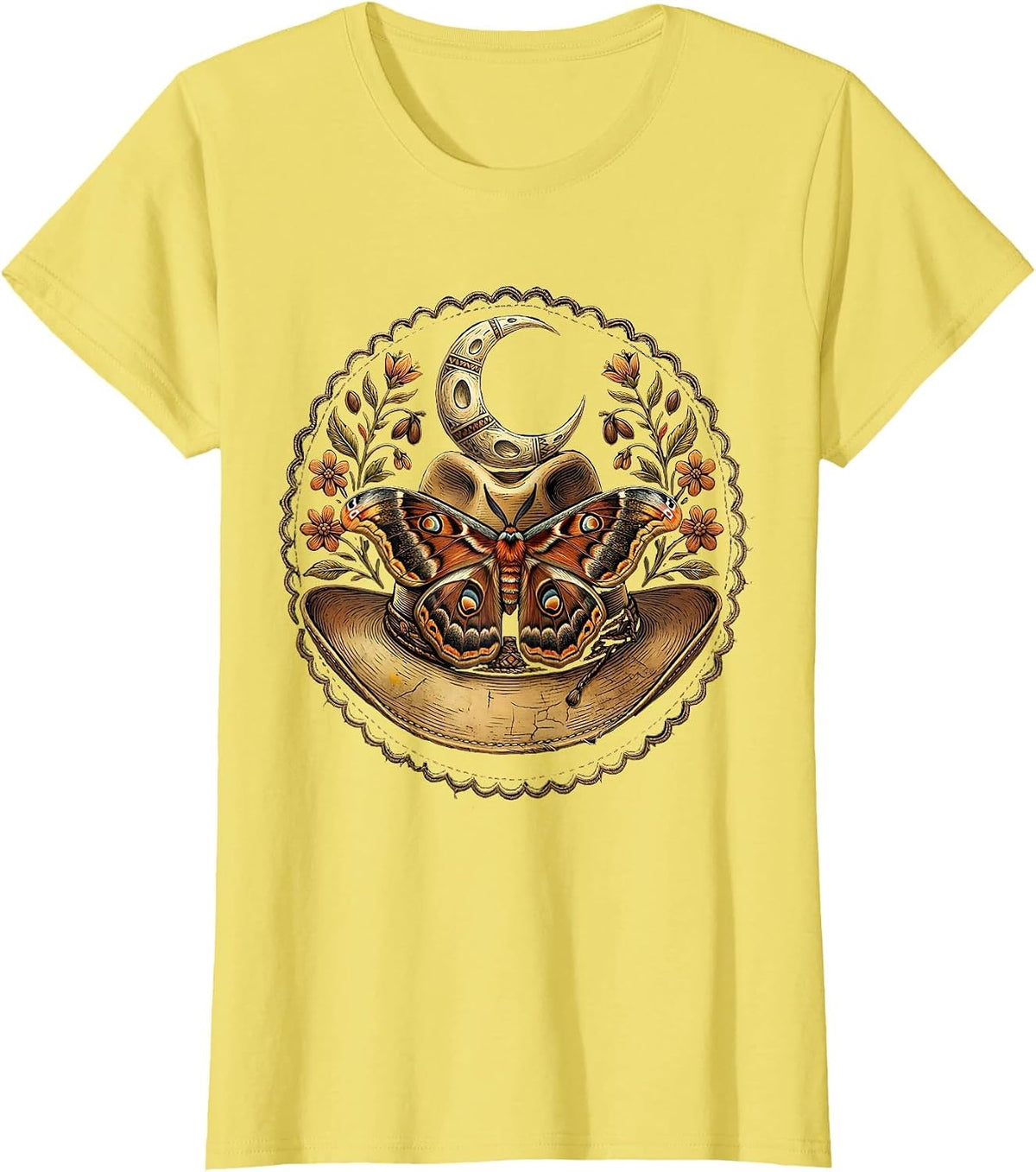 Women's Cowboy Hat Moth and Moon Western Graphic T-Shirt - Lemon Yellow
