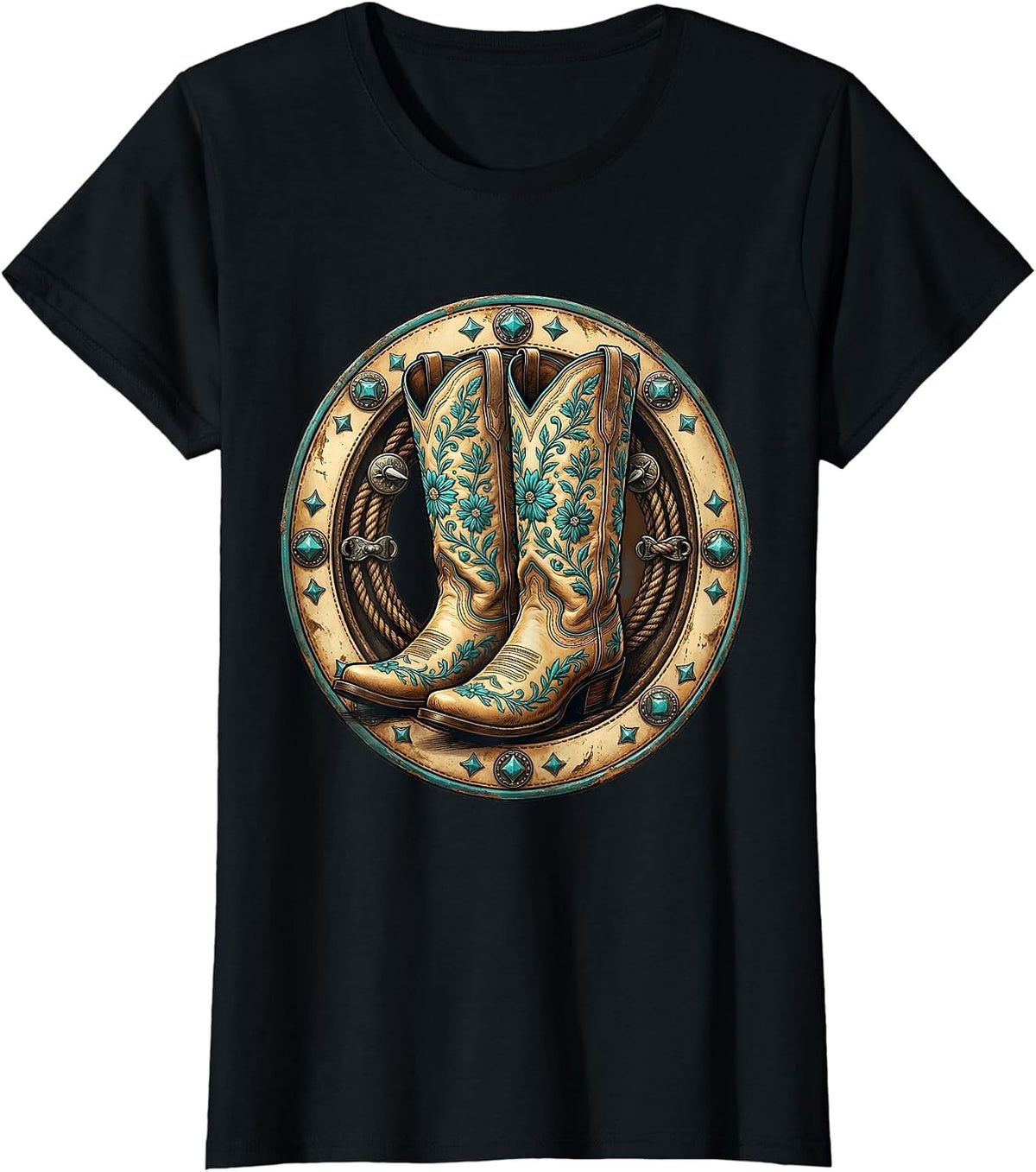 Cowgirl Boots Turquoise Embroidery Western Design T-Shirt - Black