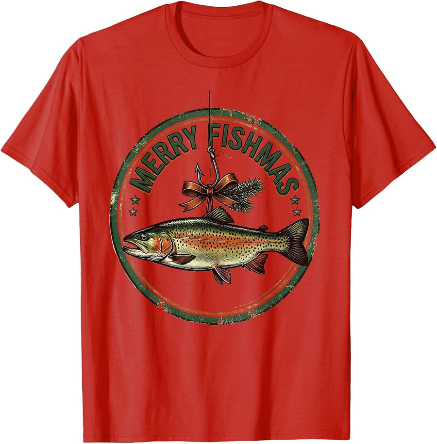 Men's Sealed Trout Ornament Vintage Fishing Christmas Humor T-Shirt - Red