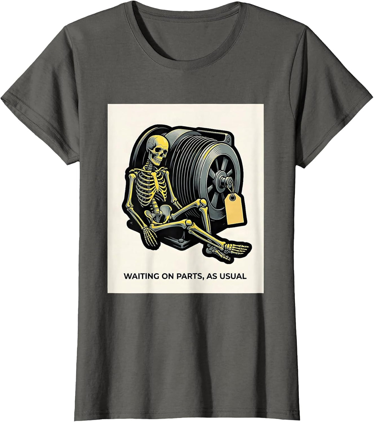 Women's Waiting On Parts, As Usual Funny Mechanic Skeleton Auto T-Shirt - Asphalt Grey