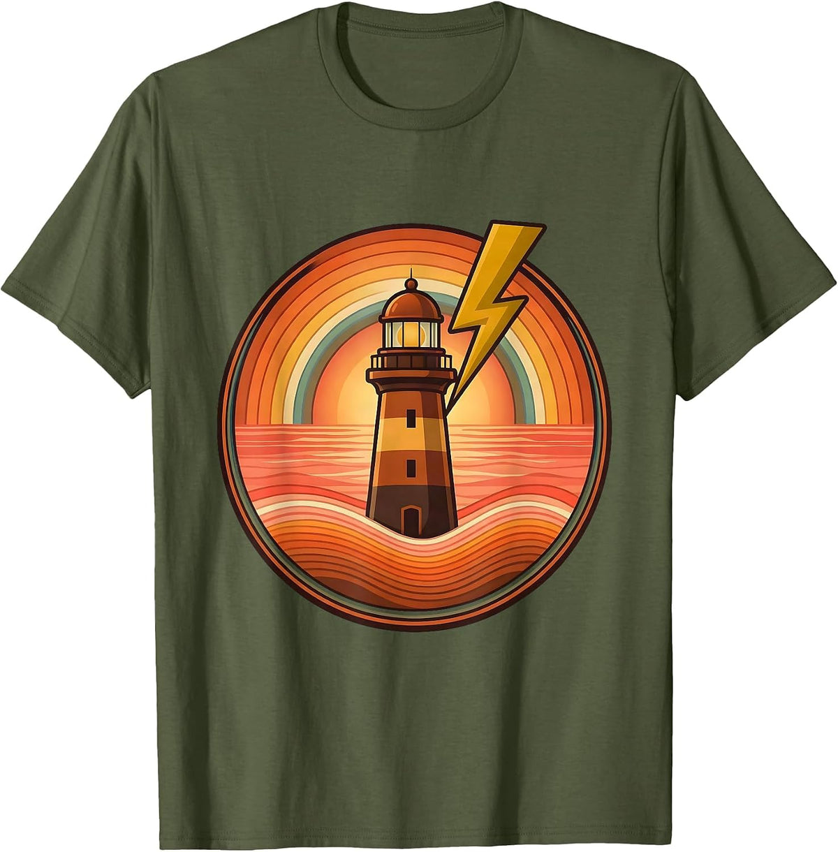 Men's Gulf Coast Lighthouse Lightning Storm Illustration T-Shirt - Olive Green