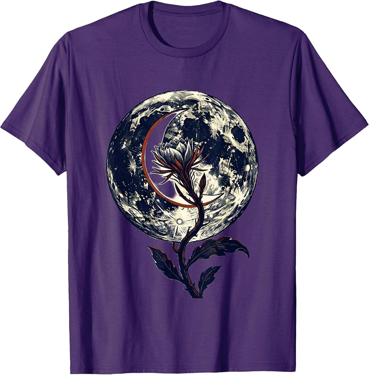 Men's Lunar Crescent Night-Blooming Stem Linocut Boho Celestial T-Shirt - Purple