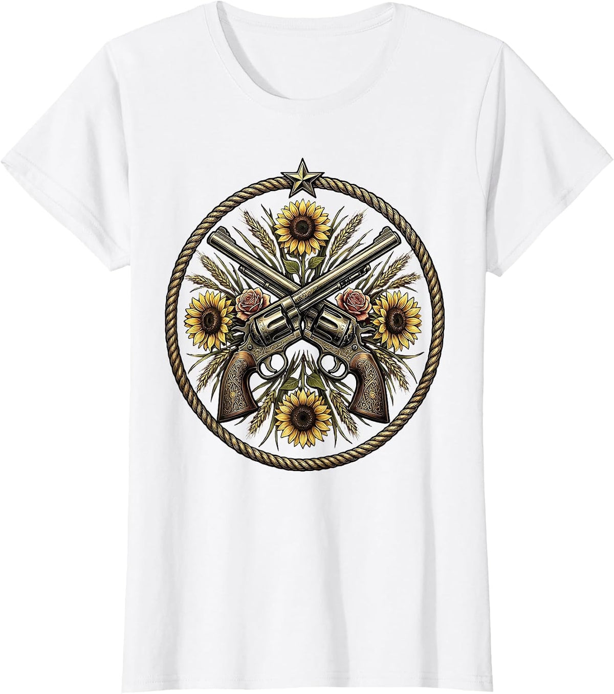 Crossed Revolvers Wildflowers Cowgirl Western Design T-Shirt - White