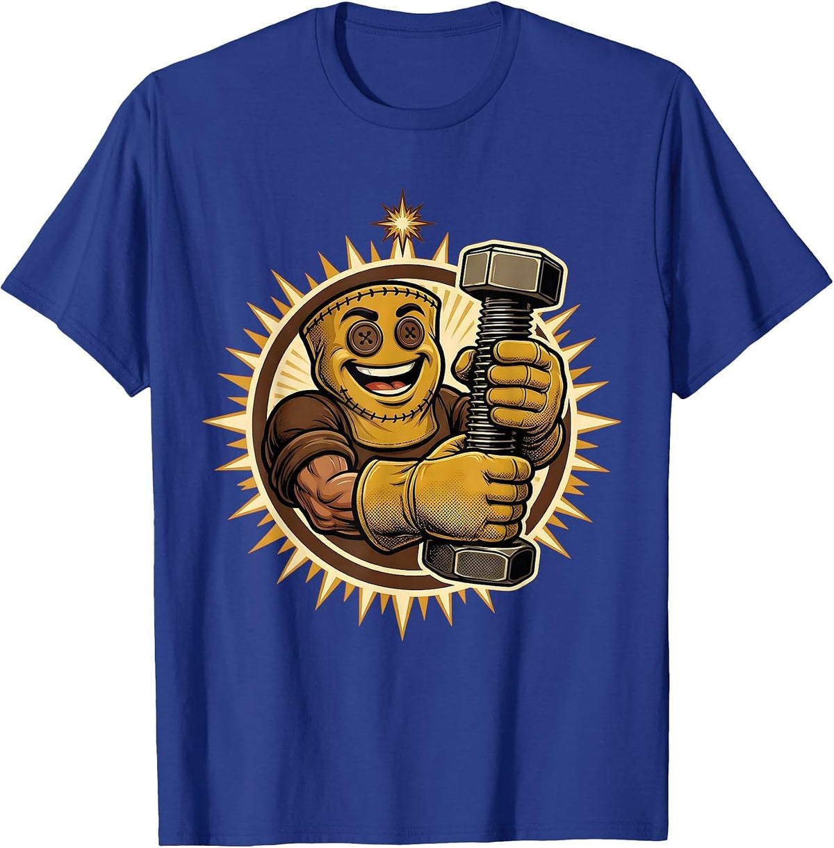 Worn Mechanic Gloves Holding a Bolt Graphic T-Shirt - Royal Blue