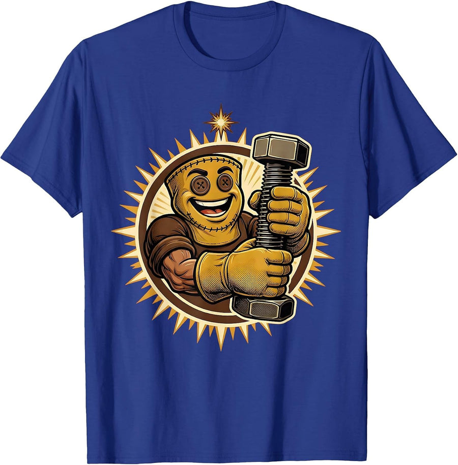 Worn Mechanic Gloves Holding a Bolt Graphic T-Shirt - Royal Blue