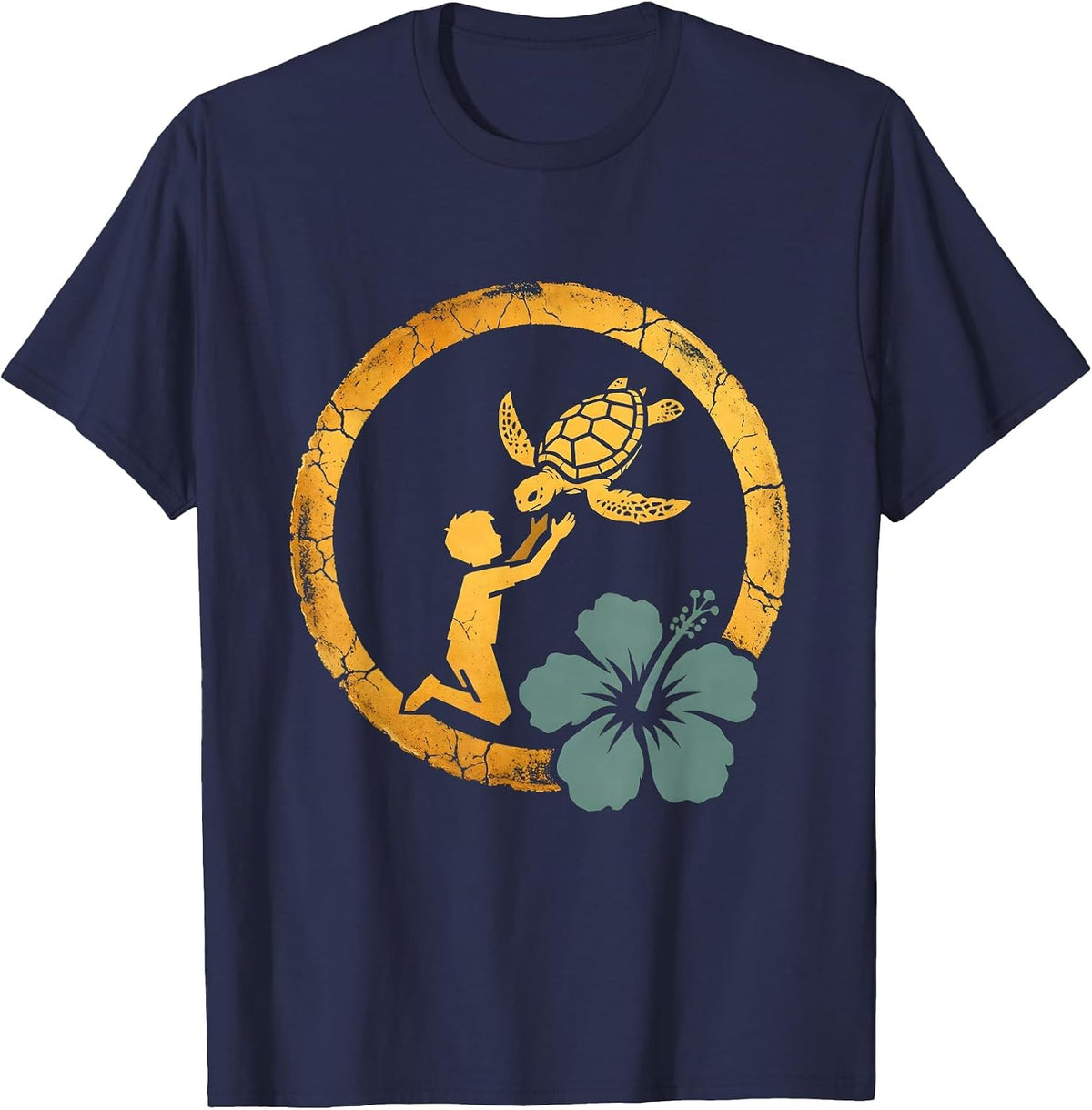 Men's Hawaiian Boy Releasing Sea Turtle Ocean Graphic T-Shirt - Navy Blue