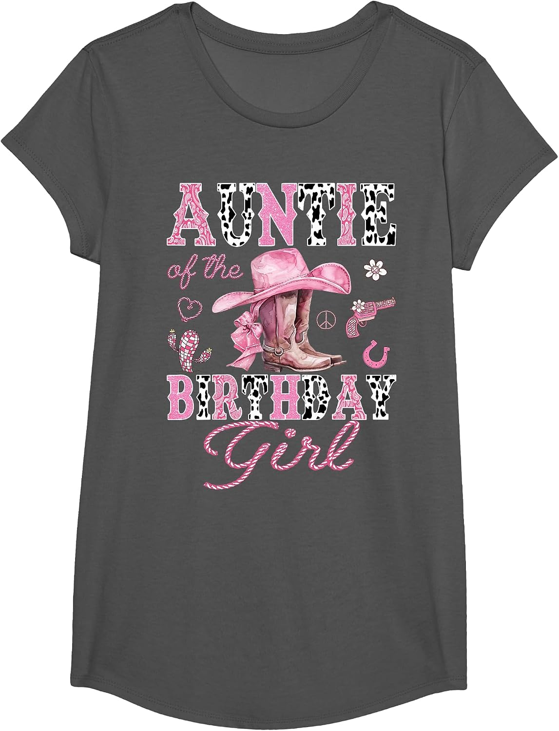 Auntie of the Birthday Girl Pink Cowgirl Western Rodeo T-Shirt - Girls Asphalt Grey