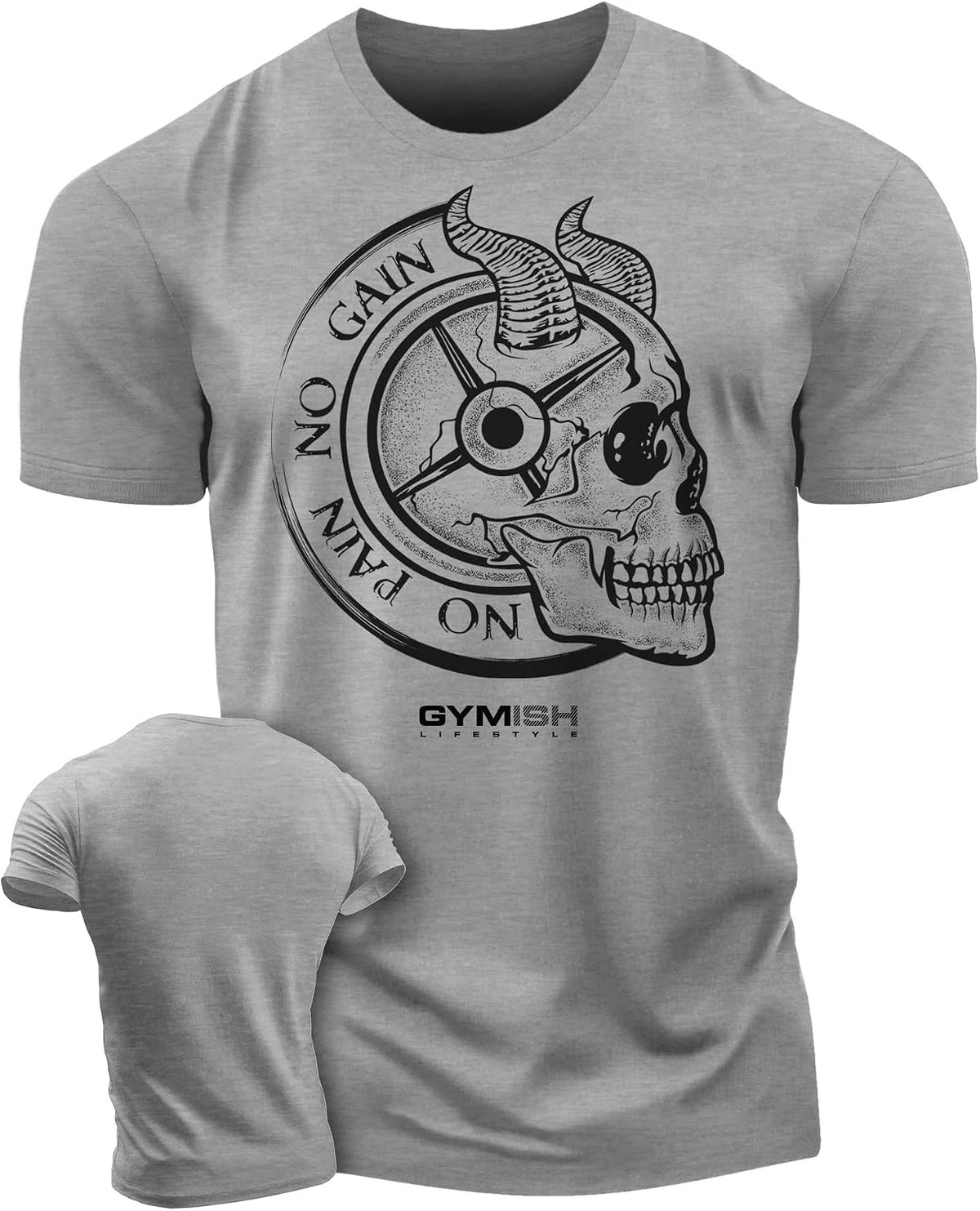 Gymish Lifestyle No Pain No Gain Skull Gym Lifting Motivation T-Shirts for Men - 2. No Pain Grey