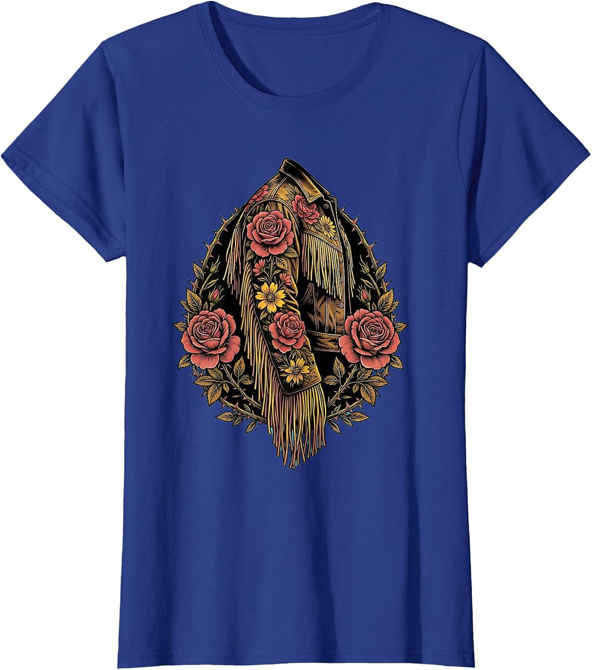 Women's Floral Embroidery Fringe Western Jacket Sleeve T-Shirt - Royal Blue