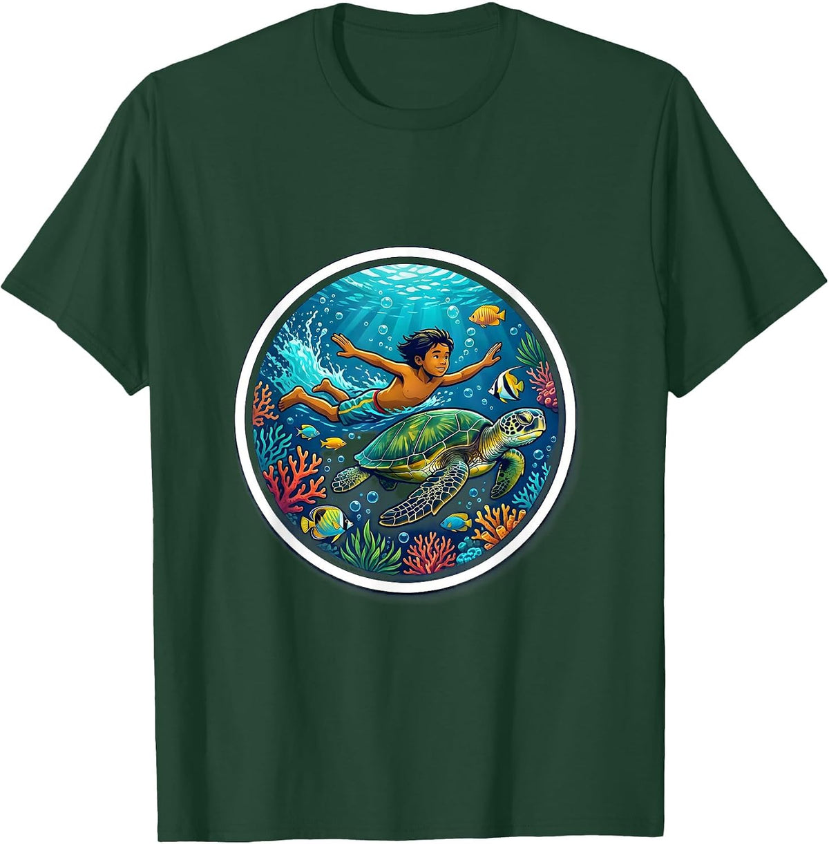 Men's Hawaiian Kid Chasing Sea Turtle Underwater Art T-Shirt - Dark Green