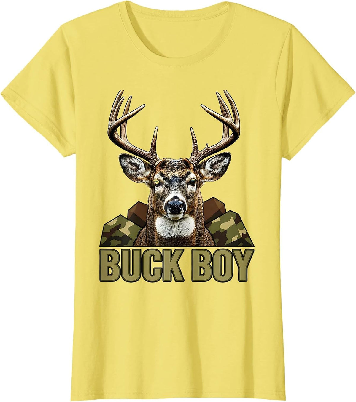 Women's Buck Boy Screenprint Camo Deer Hunting Youth Humor T-Shirt - Lemon Yellow