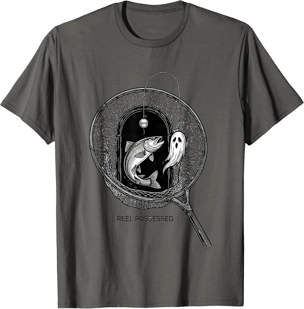 Reel Possessed Line Art Halloween Fishing Ghost Trout Spooky T-Shirt - Asphalt Grey