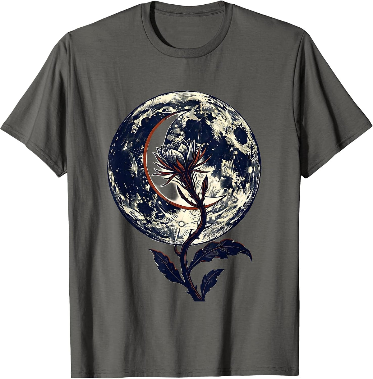 Men's Lunar Crescent Night-Blooming Stem Linocut Boho Celestial T-Shirt - Asphalt Grey