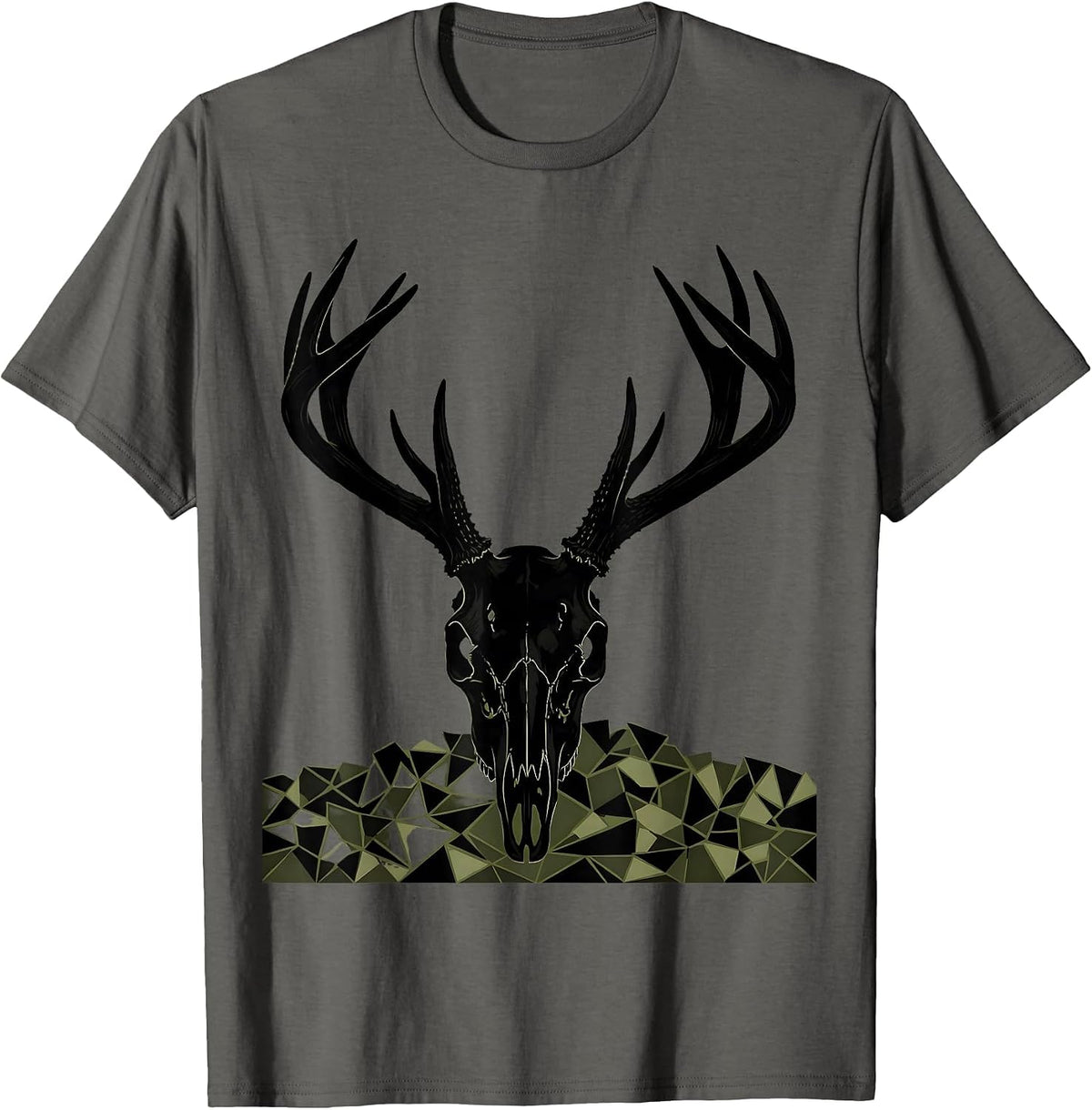 Men's Deer Skull Antlers Camo Field Hunting Graphic T-Shirt - Asphalt Grey