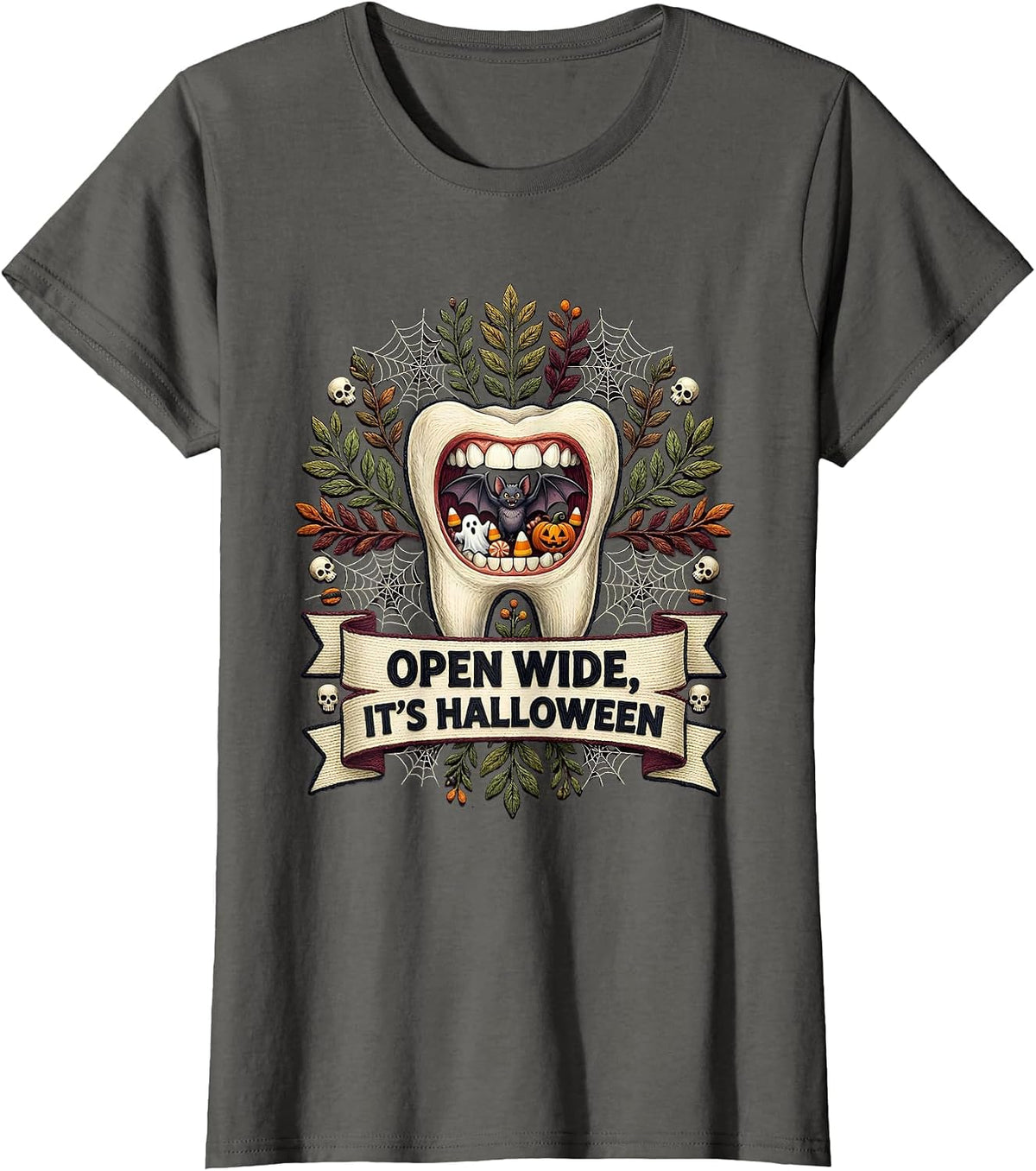 Women's Open Wide It's Halloween Dental Spooky Design T-Shirt - Asphalt Grey