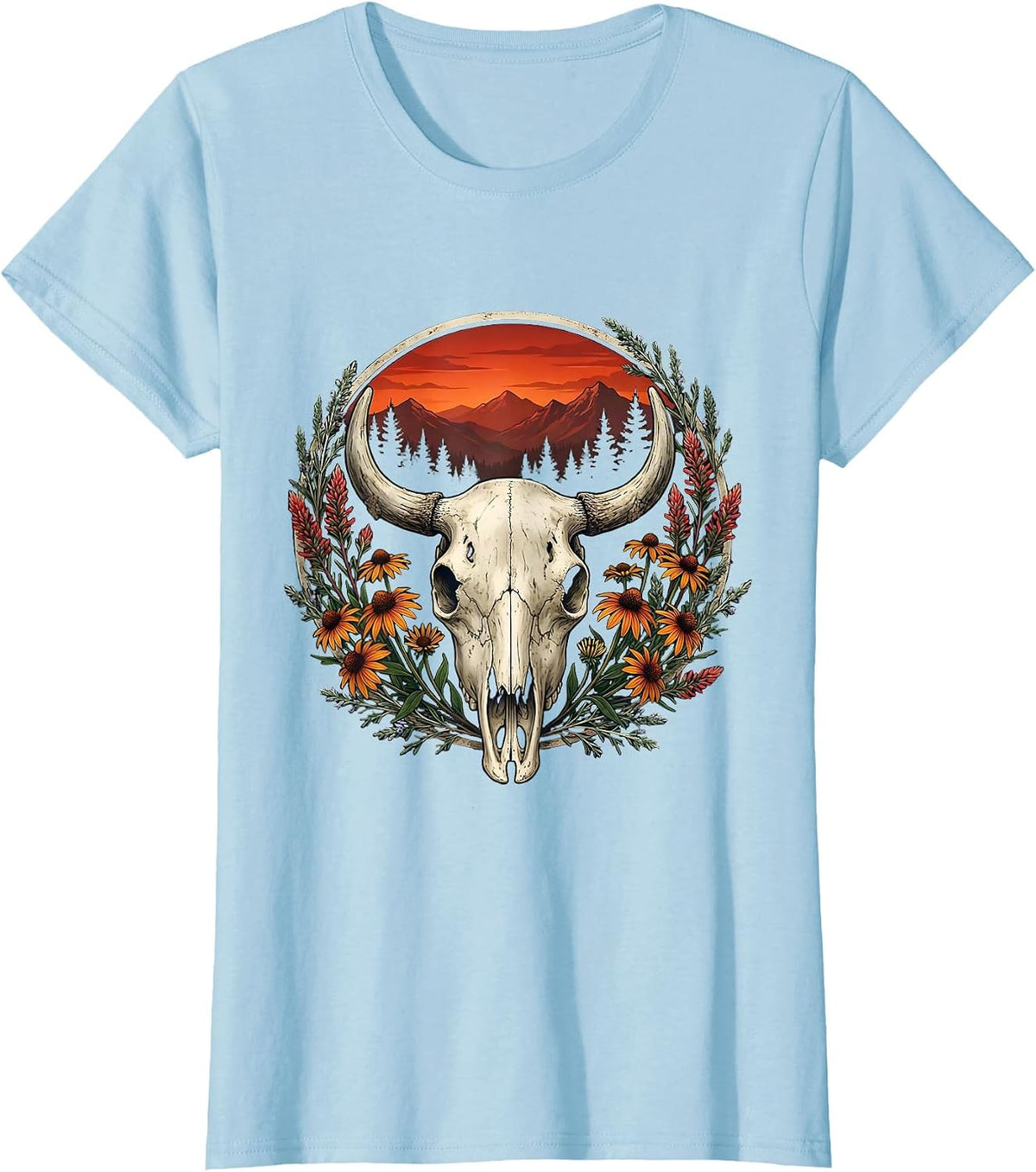 Women's Bison Skull Wildflower Wreath American West Design T-Shirt - Baby Blue