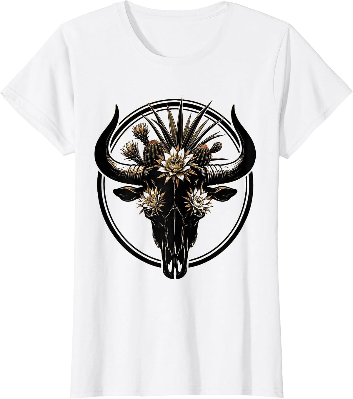 Bull Skull Desert Flowers Boho Western Graphic Tee T-Shirt - White