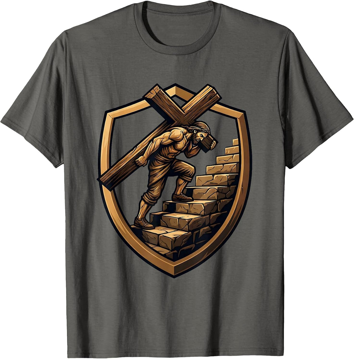 Carrying the Cross Up Stone Steps Christian Design T-Shirt - Asphalt Grey