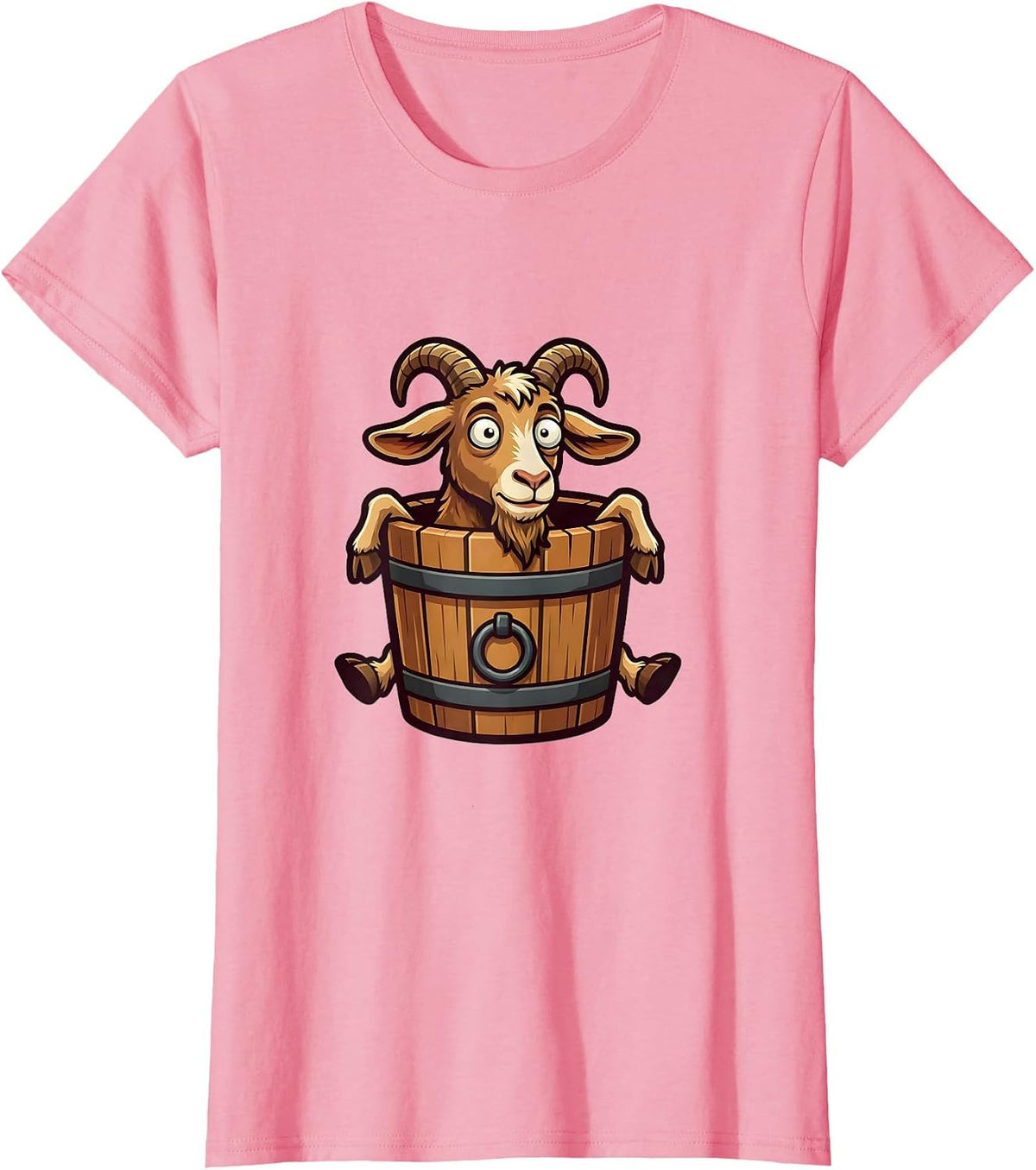 Women's Derpy Goat Stuck in a Bucket Funny Illustration T-Shirt - Pink