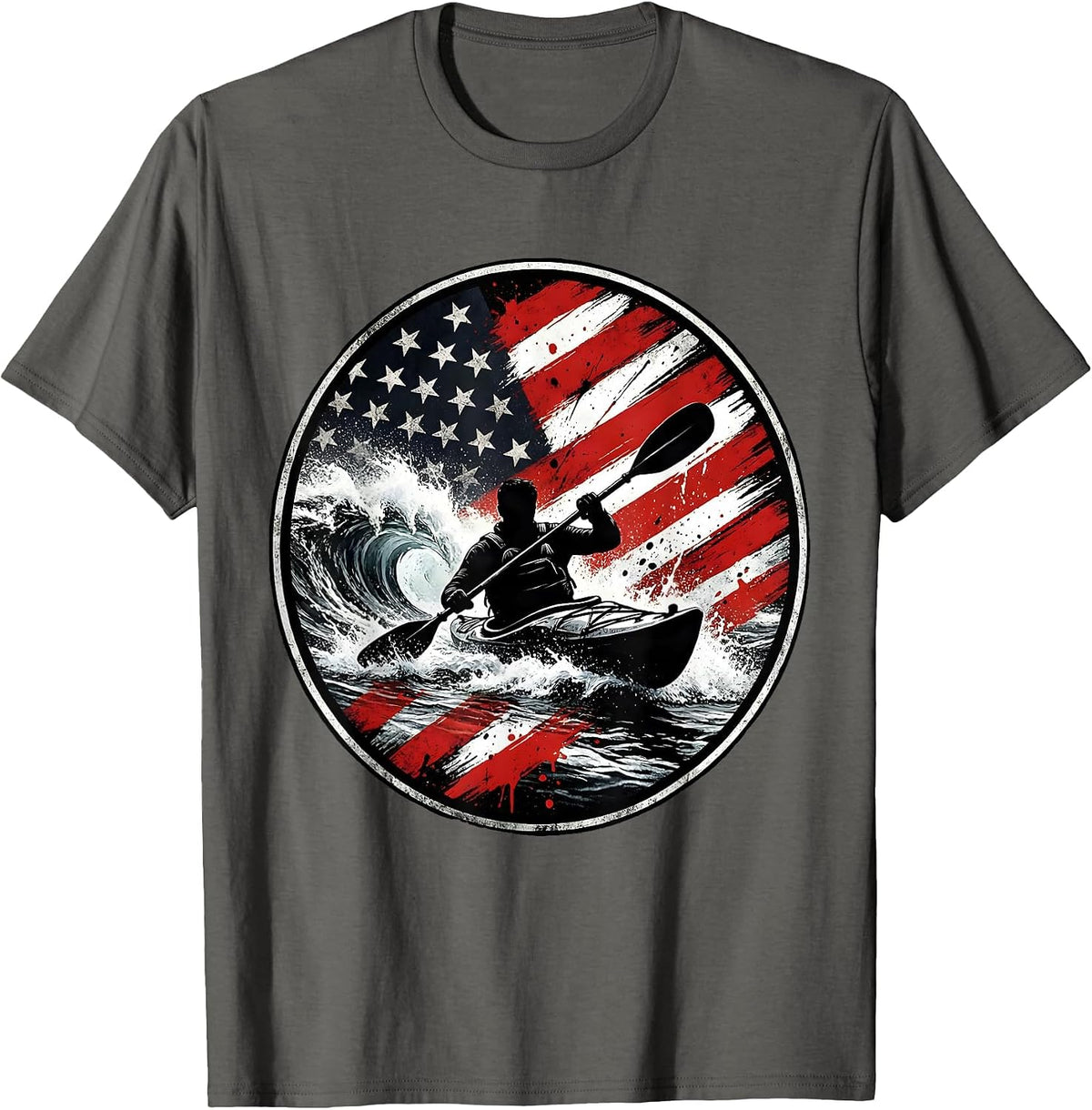 Whitewater Kayaker Paddling Rapids Graphic T-Shirt - Asphalt Grey